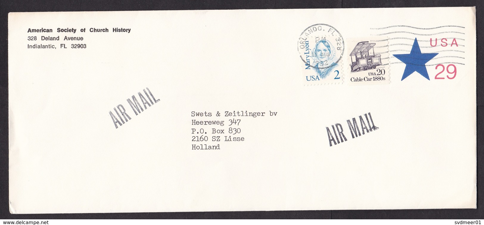 USA: Airmail Stationery Cover Orlando To Netherlands, 1992, 2 Extra Stamps, Cable Car, Mary Lyon (traces Of Use) - Brieven En Documenten