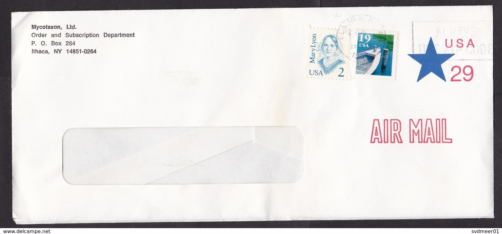 USA: Airmail Stationery Cover, 1993, 2 Extra Stamps, Boat, Mary Lyon (minor Discolouring) - Brieven En Documenten