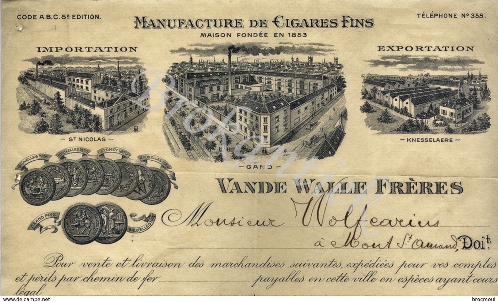 VANDEWALLE Frères Manufacture De Cigares Fins  GAND/GENT Factuur Aan Wolfcarius Mont St Amand 19 Mai 1911 - 1900 – 1949