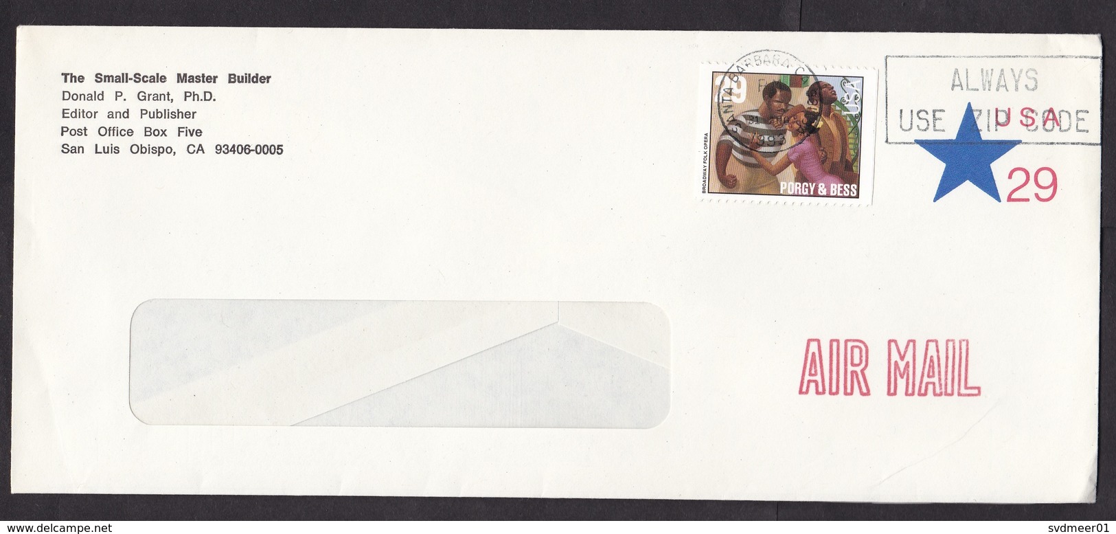 USA: Airmail Stationery Cover, 1993, 1 Extra Stamp, Porgy & Bess, Broadway Folk Opera, Theater (traces Of Use) - Brieven En Documenten