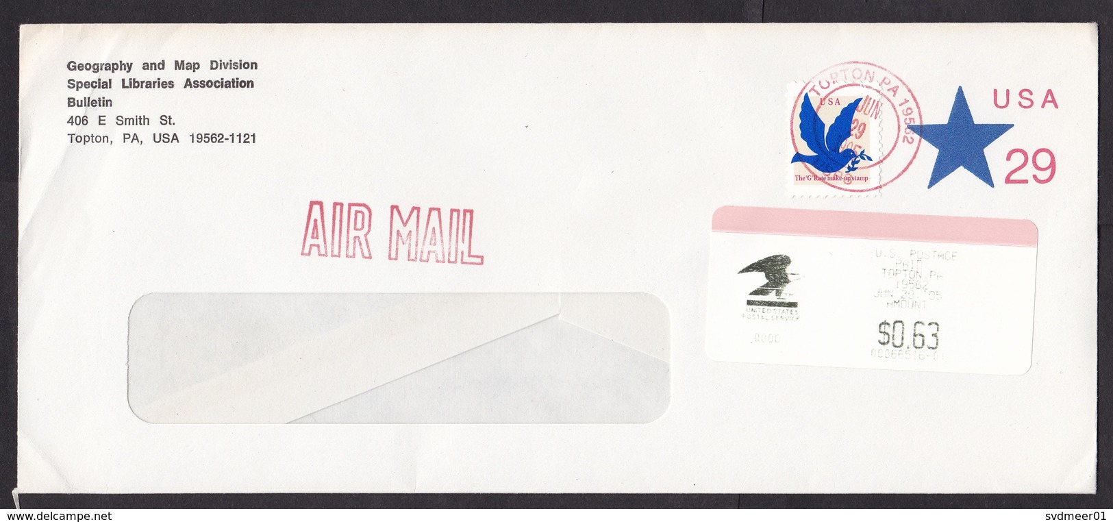 USA: Airmail Stationery Cover, 1995, 1 Extra Stamp & ATM Machine Label, G-rate Make-up Stamp, Topton (label Vague Print) - Brieven En Documenten