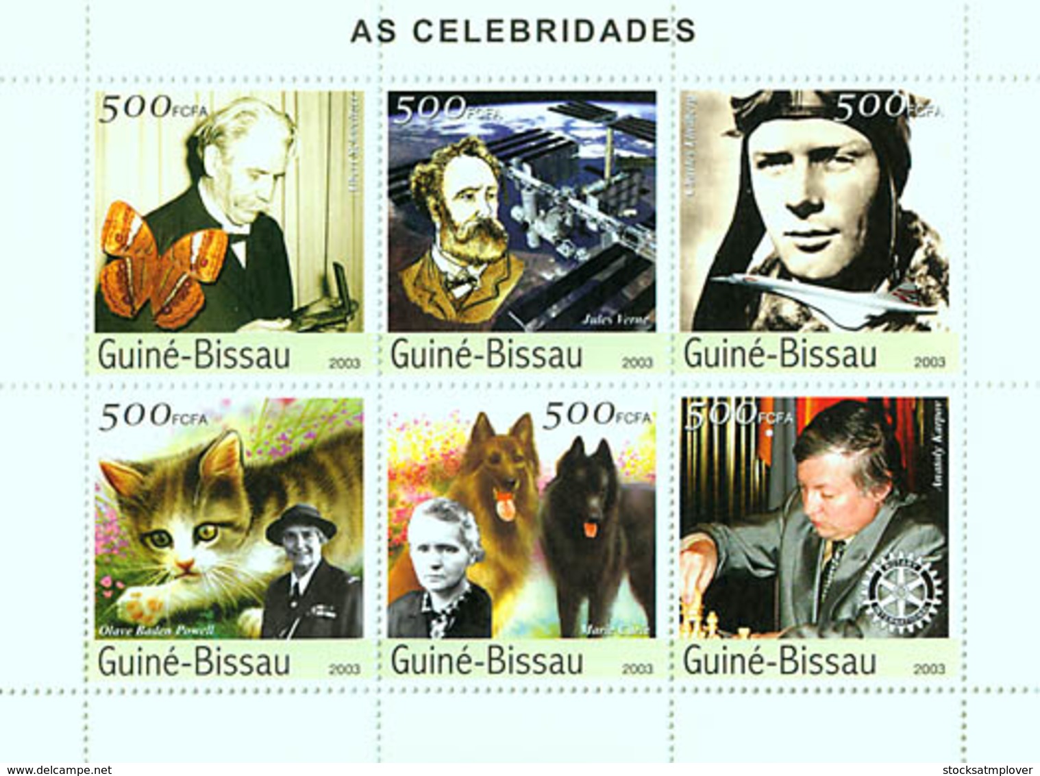 Guinea Bissau 2003  Celebrities  Jules  Verne  ,Curie, Butterfly  Cat And Dog - Guinea-Bissau
