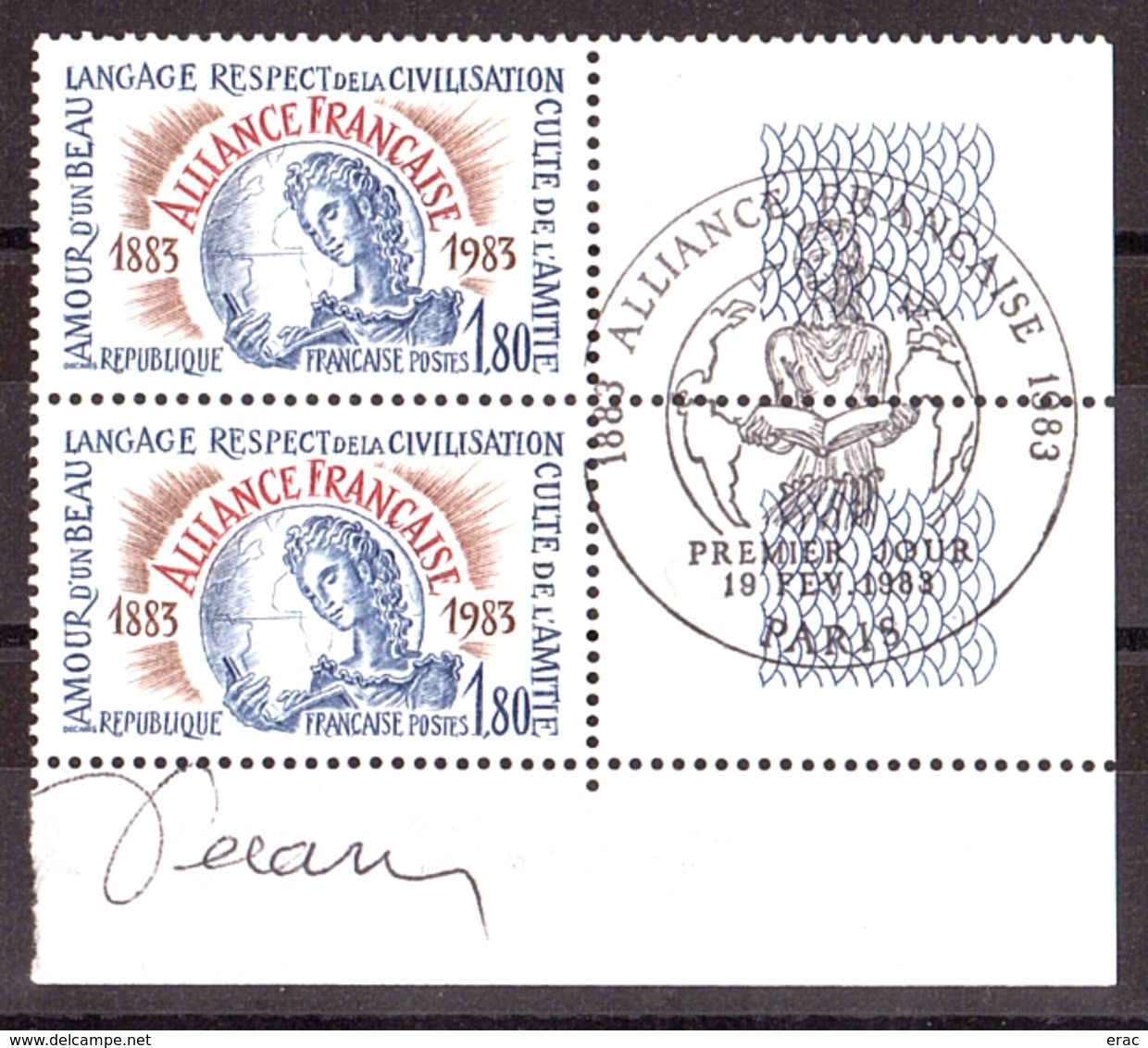 Signature De Decaris En Marge Sur Paire N° 2257 - Cachet Premier Jour "Alliance Française" - 1983 - Used Stamps