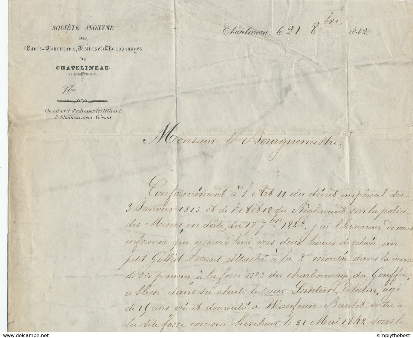 500/28 - CHARBONNAGES - Lettre Précurseur CHARLEROY 1842 Vers WANFERCEE BAULET - CA= Corresp. Arrondissement - 1830-1849 (Unabhängiges Belgien)