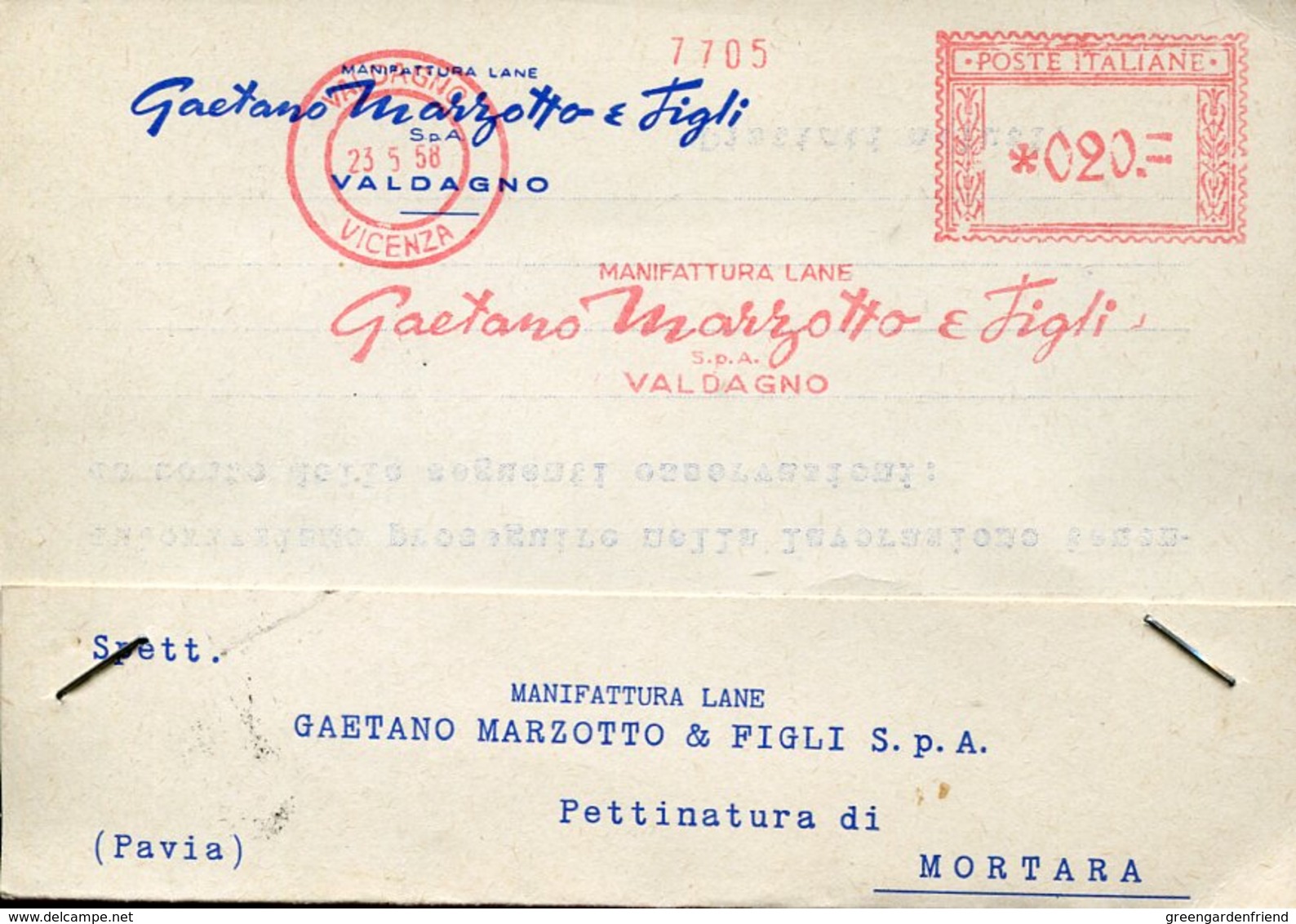 42466 Italia, Red Meter Freistempel,ema,1958  Valdagno Vicenza Gaetano Marzotto E Figli Manifattura Lane  Circuled Card - Macchine Per Obliterare (EMA)