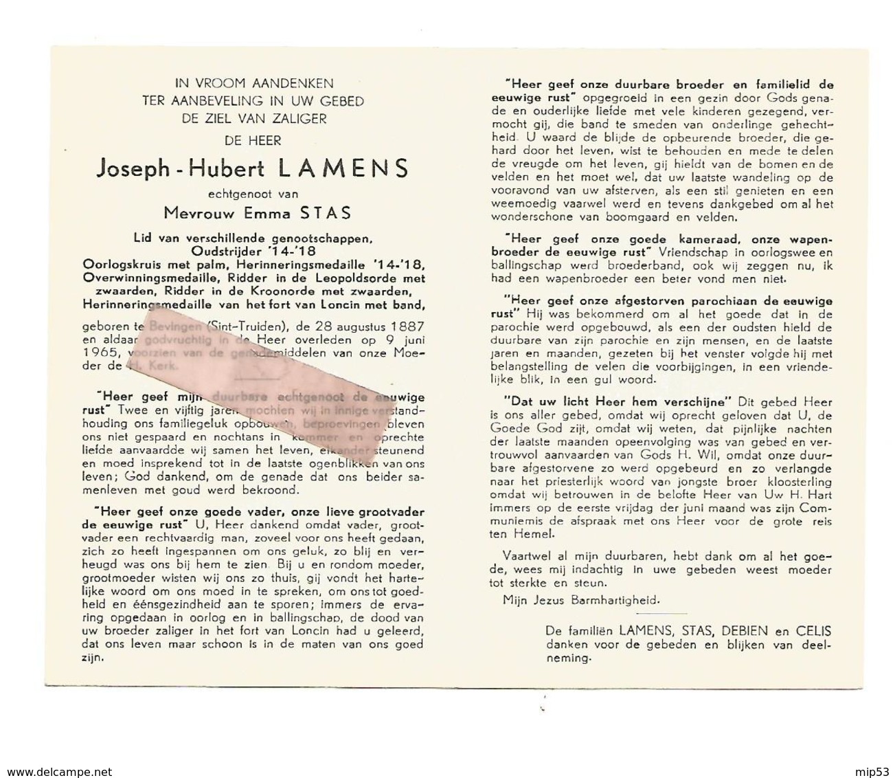 D 653. JOSEPH LAMENS - Oudstrijder 1814/18-Herinneringsmed.fort LONCIN Met Band - BEVINGEN (ST-TRUIDEN) 1887 / 1965 - Devotieprenten