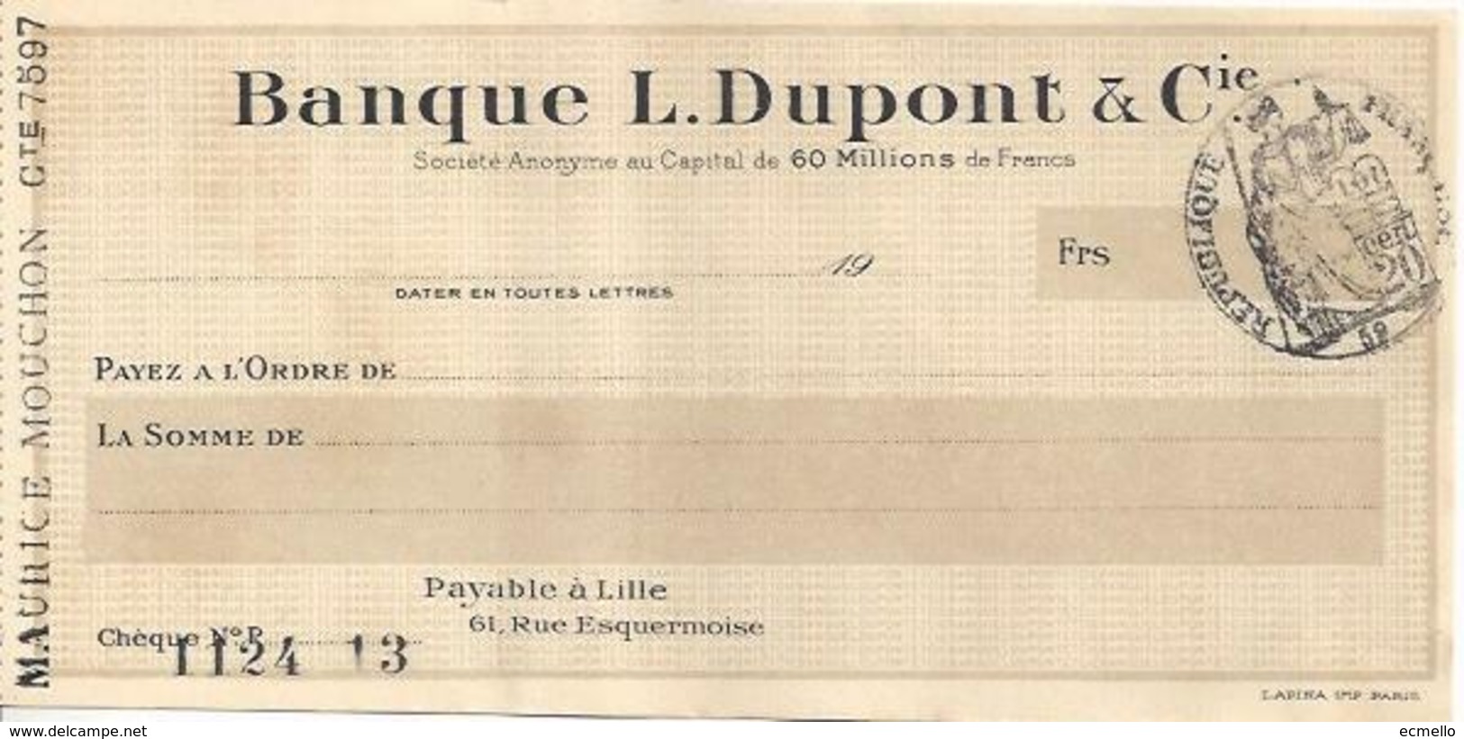 FRANCE CHECK CHEQUE BANQUE L. DUPONT & CIE, LILLE, 1910'S  REVENUE - Cheques & Traveler's Cheques