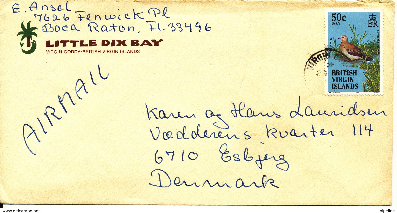 British Virgin Islands Cover Sent To Denmark 8-12-1987 Topic Stamp BIRD - British Virgin Islands