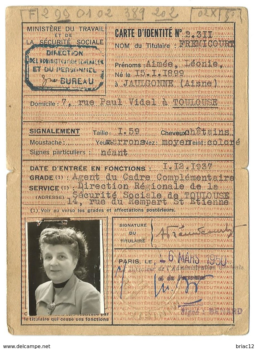 Carte D'identité De Fonctionnaire 1950 - Collections