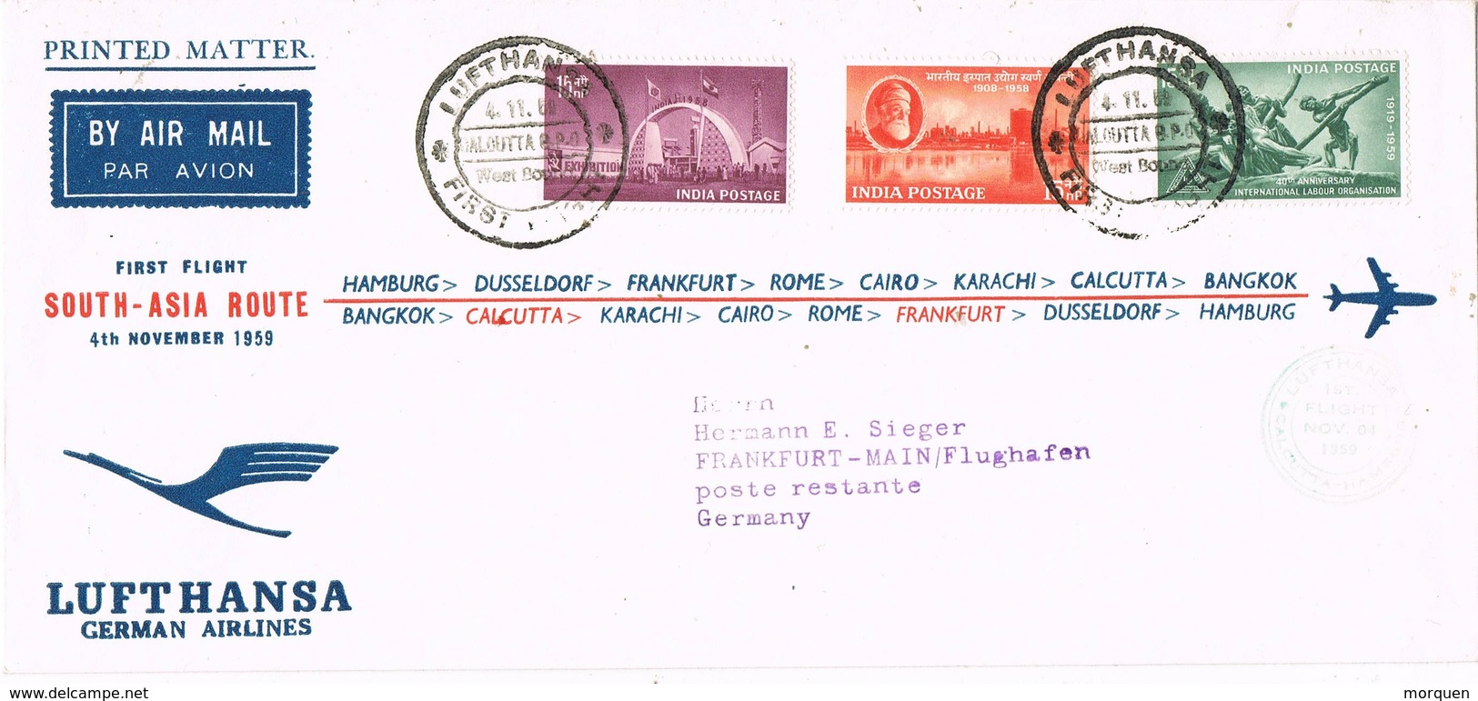 31554. Carta Aerea First Flight CALCUTTA (India) To Frankfurt 1959. Lutthansa South Asia Route - Irán