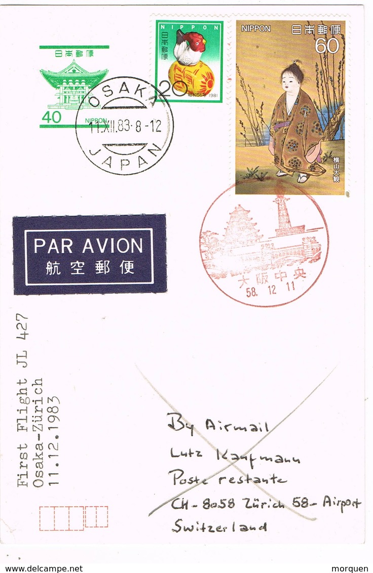 31555. Tarjeta Entero Postal  Aerea First Flight OSAKA (Lapon) To Zurich 1983. JL 427 - Airmail