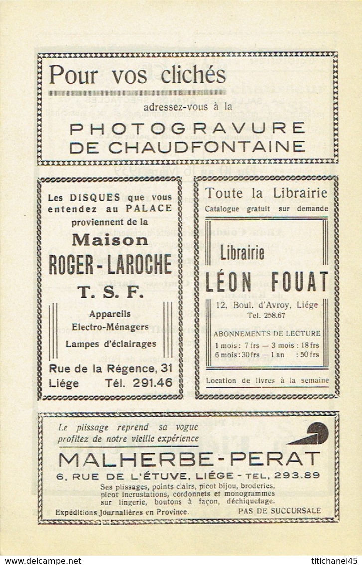 LIEGE 1939 - Programme Cinéma LIEGE-PALACE - 12 PAGES - Illustrateur MONTFORT - L. BAROUX, P. LARQUAY, R. TOUTAIN - Programmes