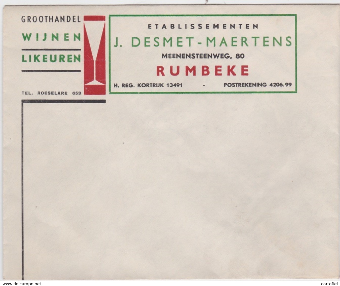 RUMBEKE-ROESELARE-ENVELOP-GROOTHANDEL-WIJNEN-LIKEUREN-ETS.-J.DESMET-MAERTENS-MEENENSTEENWEG-IN NIEUWSTAAT-ZIE DE 2 SCANS - Autres & Non Classés