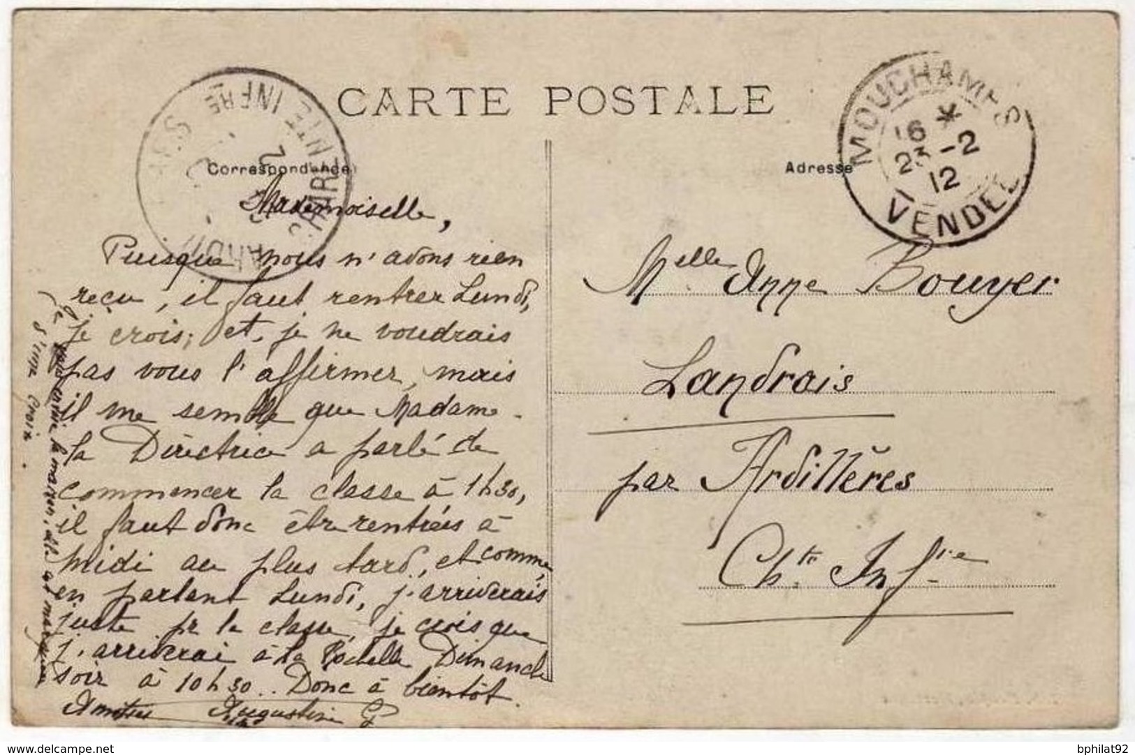 !!! PRIX FIXE : 10 C SEMEUSE SUR PORTE TIMBRE DIEU PROTEGE LA FRANCE, SUR CPA DE MOUCHAMPS - Storia Postale