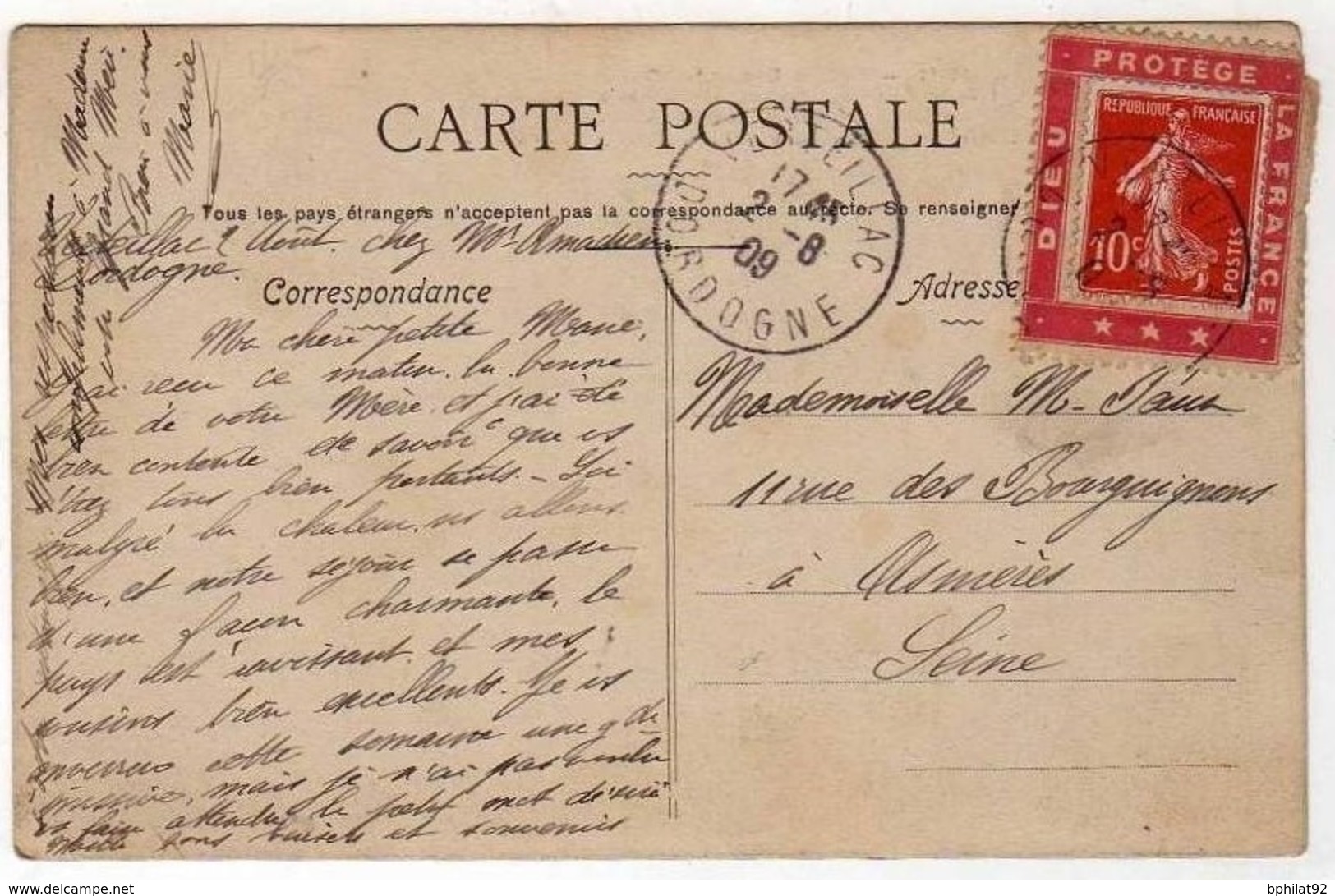 !!! 10 C SEMEUSE SUR PORTE TIMBRE DIEU PROTEGE LA FRANCE SUR CPA - Lettres & Documents