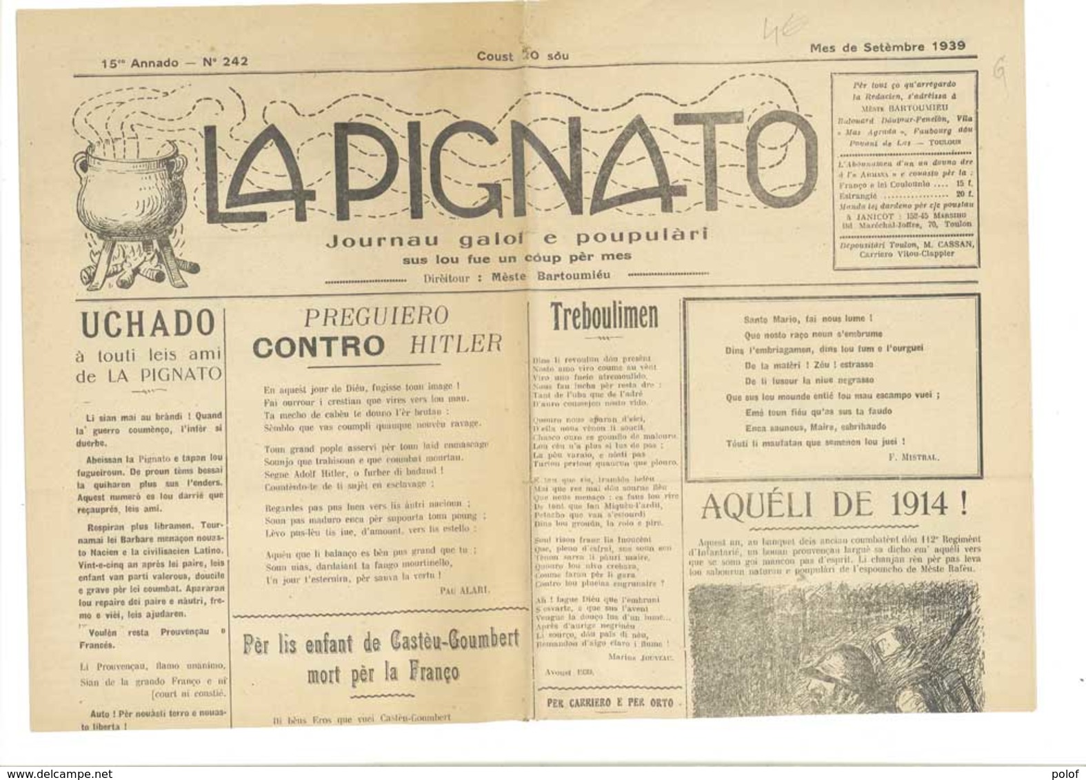La Pignato - Journal Mensuel En Provençal - Septembre 1939.  (VP 843) - Autres & Non Classés