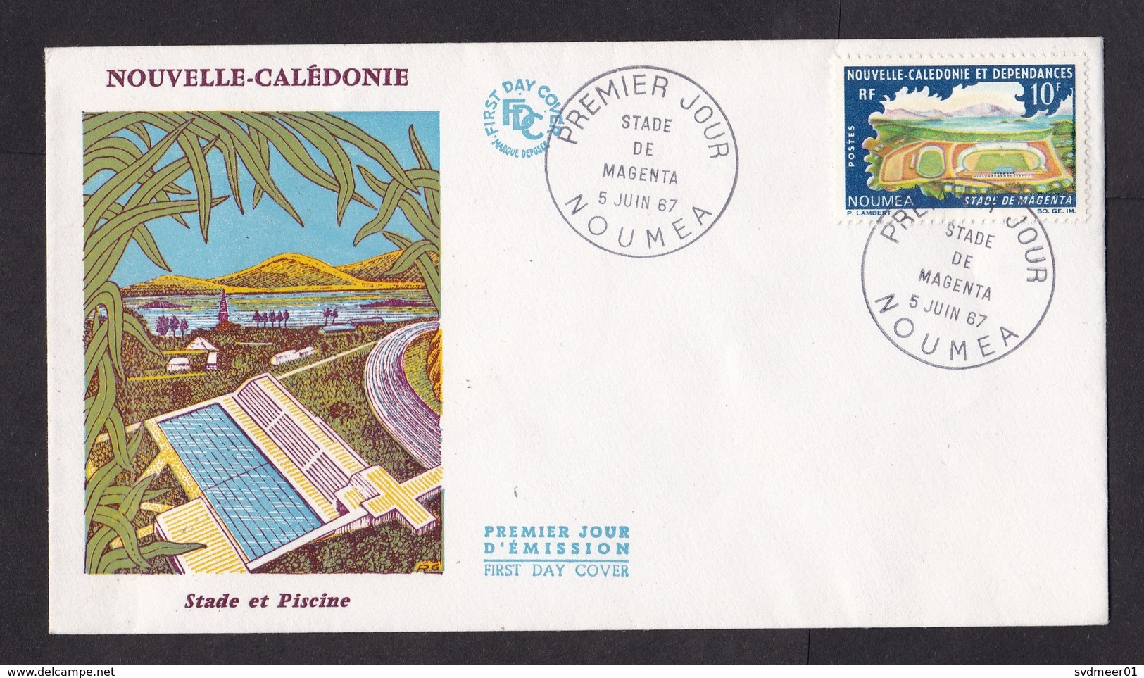 New Caledonia: FDC First Day Cover, 1967, 1 Stamp, Sports Stade Building, Swimming Pool (traces Of Use) - Brieven En Documenten