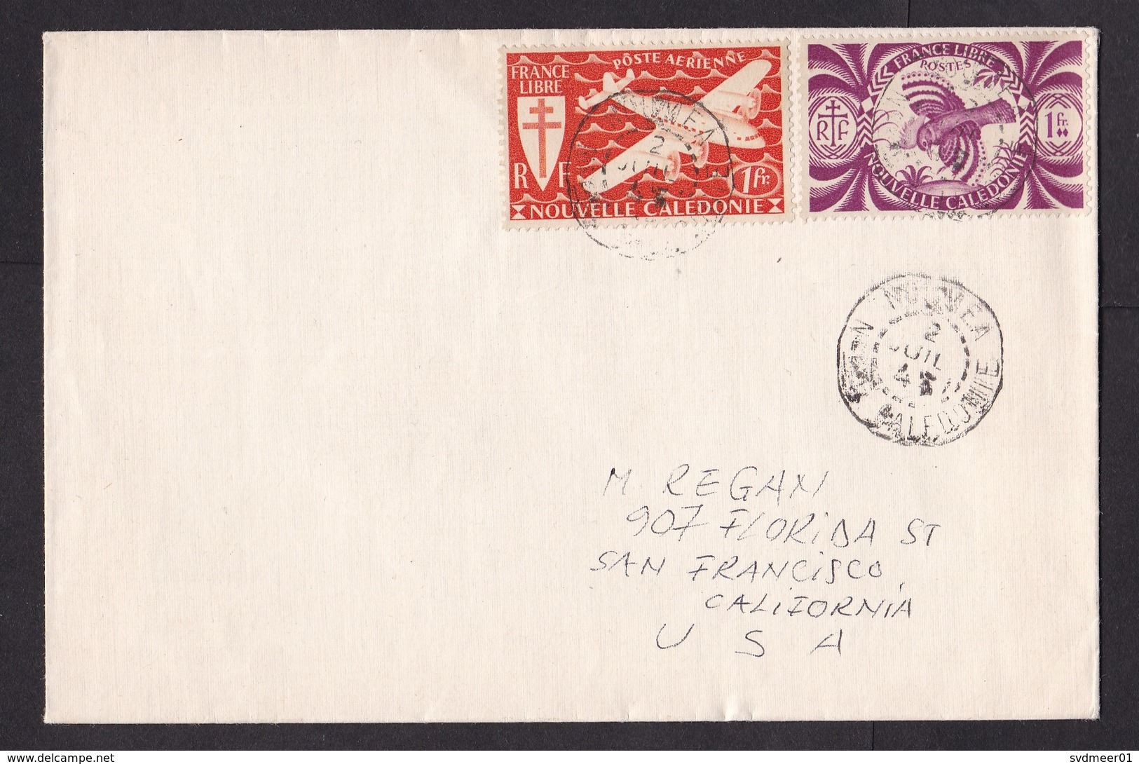 New Caledonia: Cover To USA, 1947, 2 Stamps, Liberation France, End Of War, Airplane, Bird (traces Of Use) - Brieven En Documenten