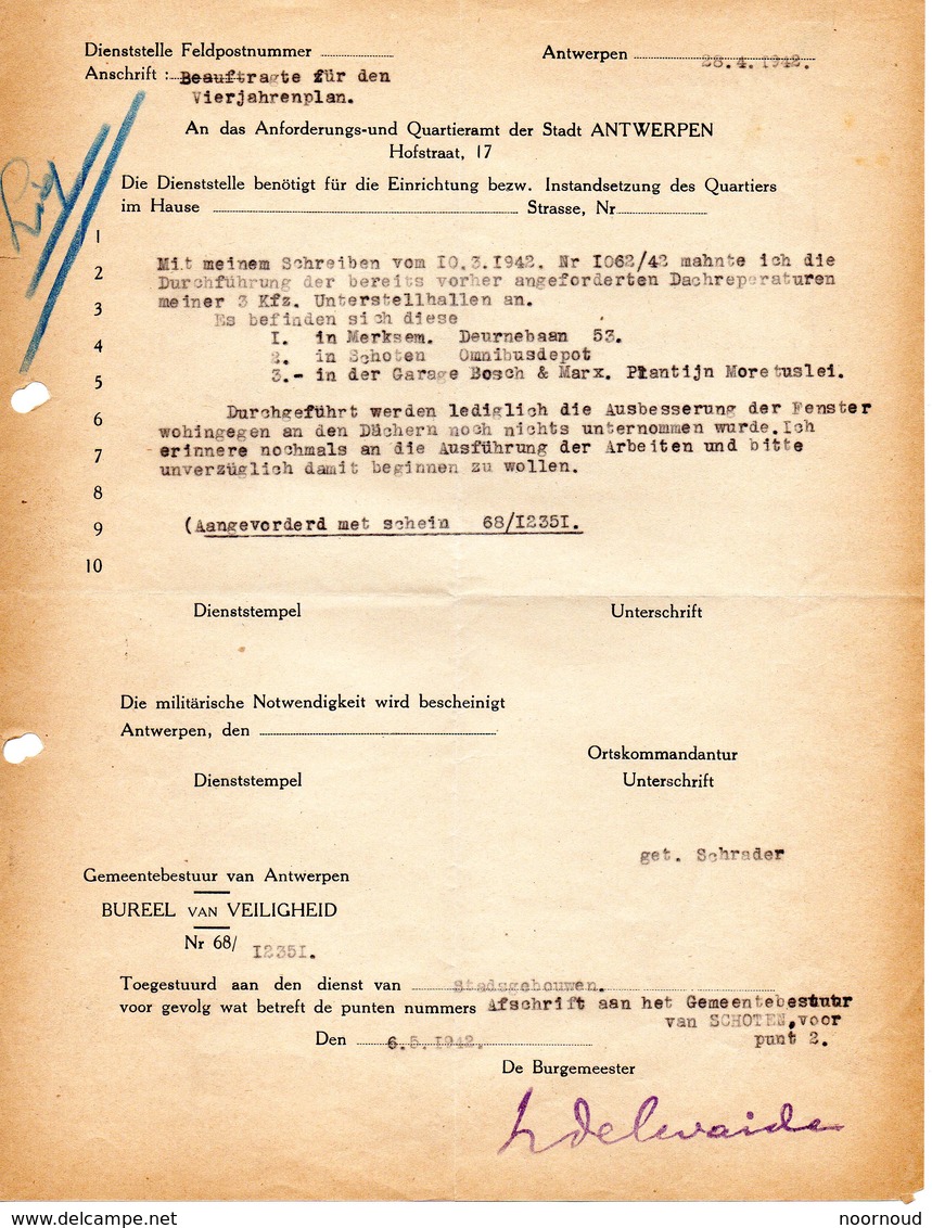 Antwerpen  Anforderungs Und Quartieramt  1942  Opeisingsbevel  Ondertekend Lode Delwaide. - 1939-45