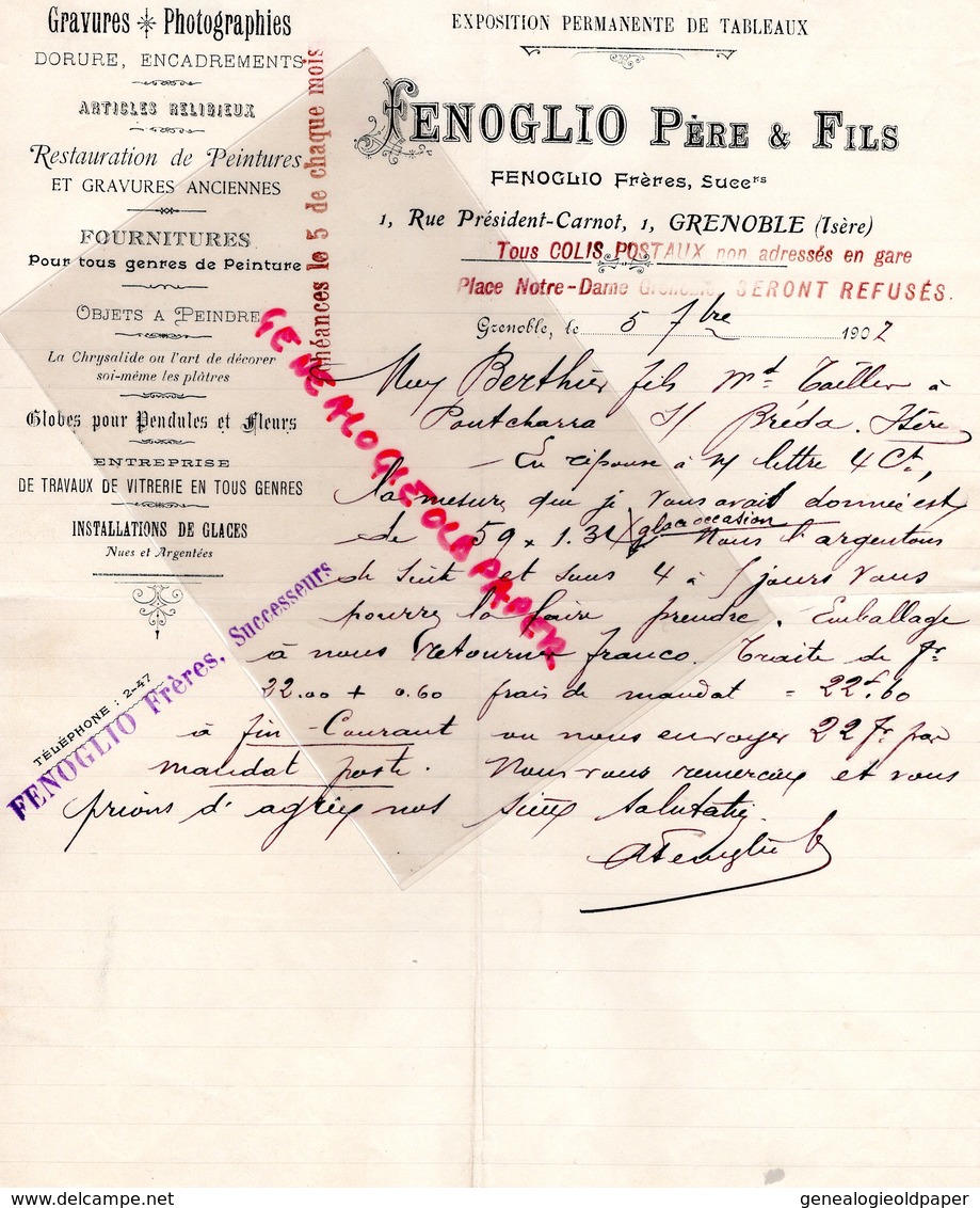 38- GRENOBLE- RARE LETTRE MANUSCRITE SIGNEE FENOGLIO PERE & FILS-GRAVURES PHOTOGRAPHIES-PEINTURE DORURE-1902 - Petits Métiers