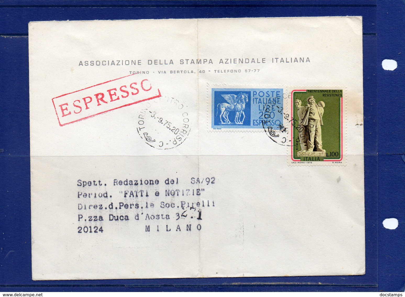 ##(DAN192)- 1975 -  Busta Espresso Da Torino Per Milano - 1971-80: Storia Postale