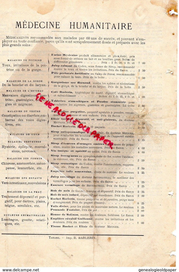 69- TARARE - RARE LETTRE MANUSCRITE SIGNEE CAFE BARLERIN- 1893-MEDECINE FARINE MEXICAINE DU SAVANT BENITO DEL RIO MEXICO - 1800 – 1899