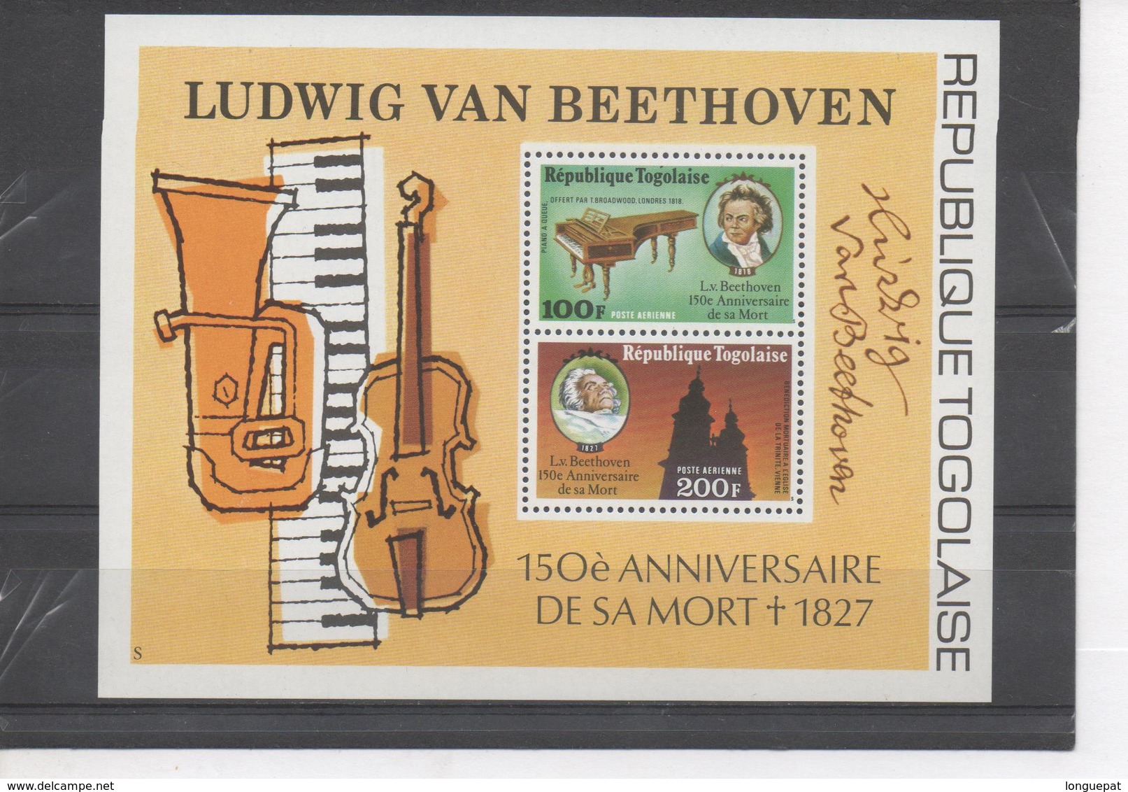 TOGO - Ludwig Van BEETHOVEN : 150 Ans De Sa Mort - Musique - Portrait En 1818, Et Sur Son Lit De Mort - Togo (1960-...)