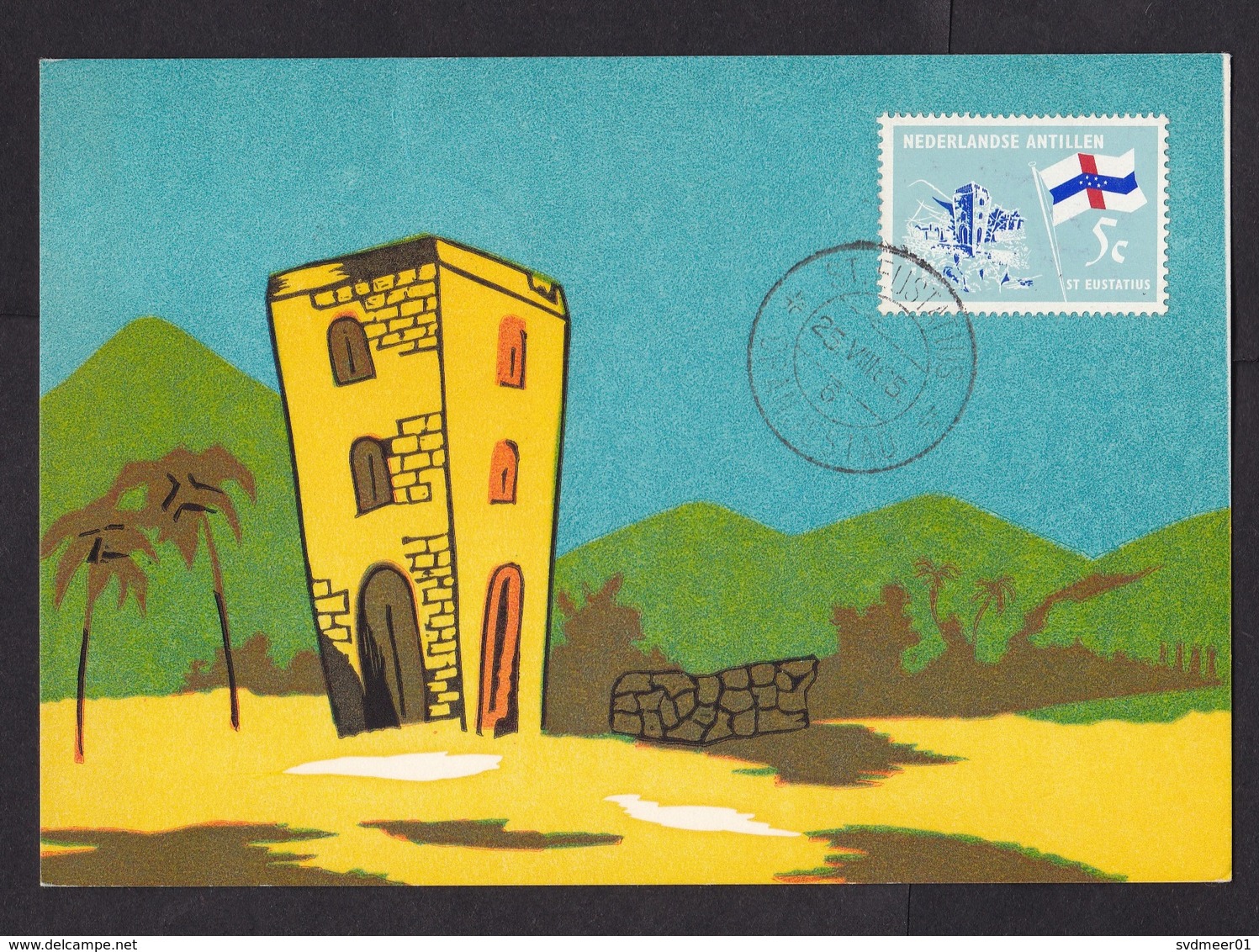 Netherlands Antilles: Maximum Card St Eustatius To St Maarten, 1965, 3 Stamps, Old Tower Building (traces Of Use) - Curacao, Netherlands Antilles, Aruba