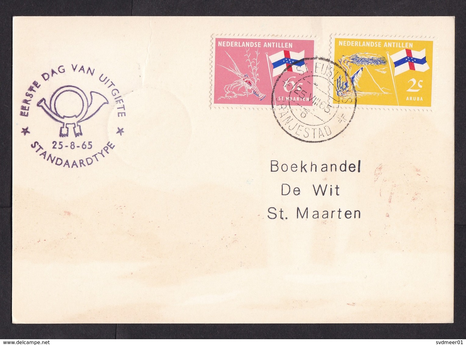 Netherlands Antilles: Maximum Card St Eustatius To St Maarten, 1965, 3 Stamps, Old Tower Building (traces Of Use) - Curacao, Netherlands Antilles, Aruba