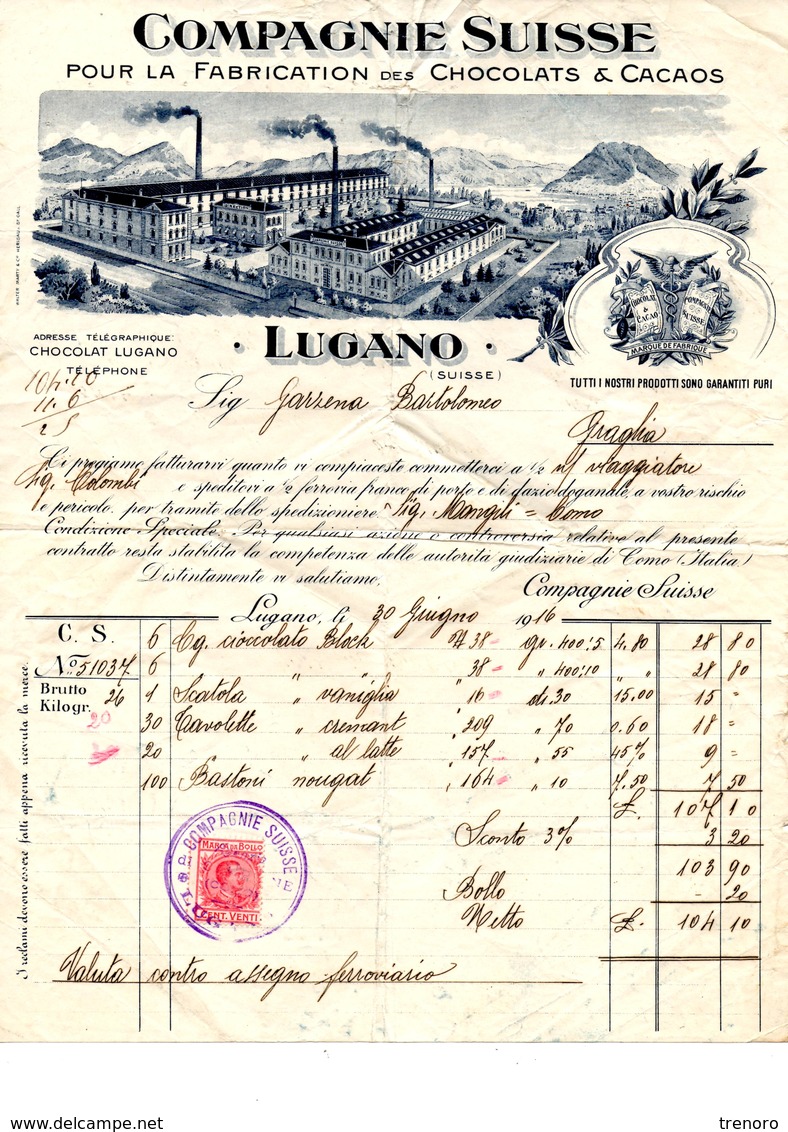 FATTURA CON MARCA DA BOLLO DA 20 CENT. - SPEDITA DA LUGANO A GRAGLIA (BI) IL 30.6.1916 - Fiscaux