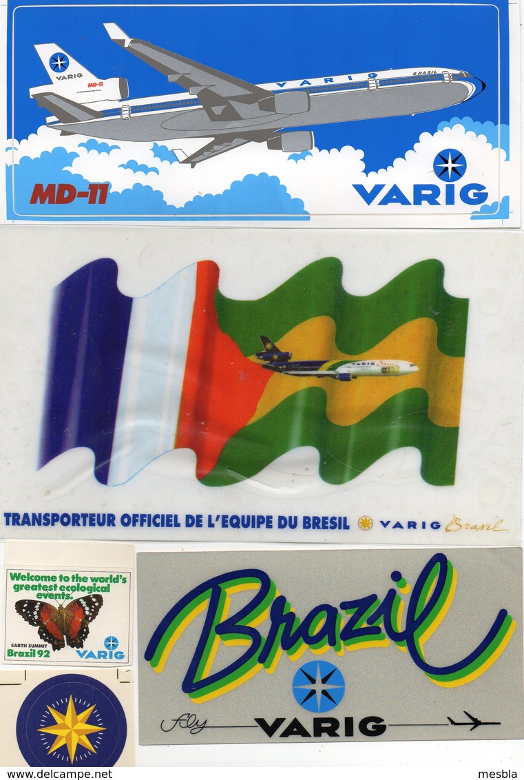 5 AUTOCOLLANTS  Compagnie Aérienne Brésilienne VARIG  AIRLINES - Transporteur Officiel De L'équipe Du Brésil - Stickers