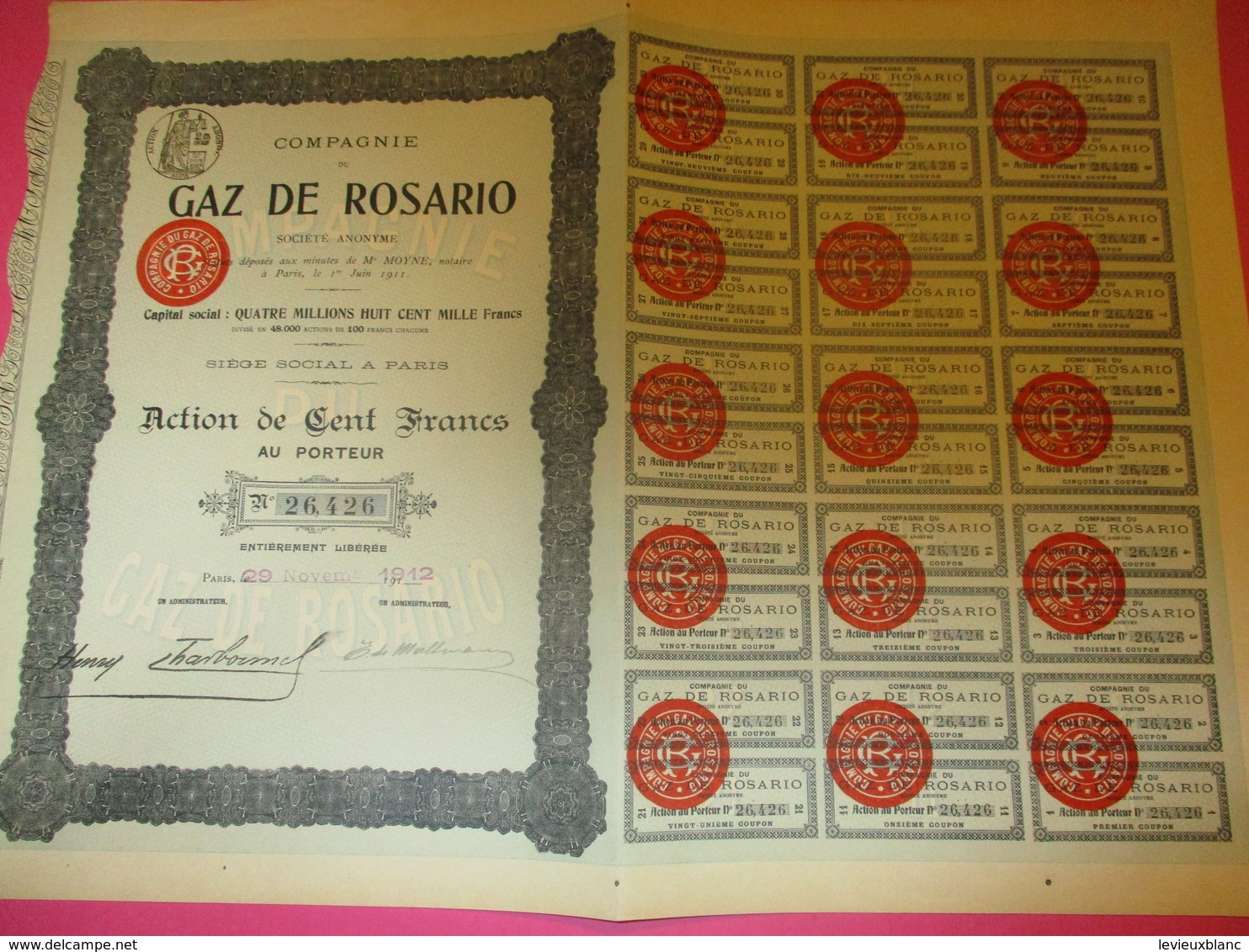 Action De 100 Francs Au Porteur Entièrement Libérée/Compagnie Du Gaz De Rosario/Paris/ARGENTINE/1912        ACT192 - Elektrizität & Gas