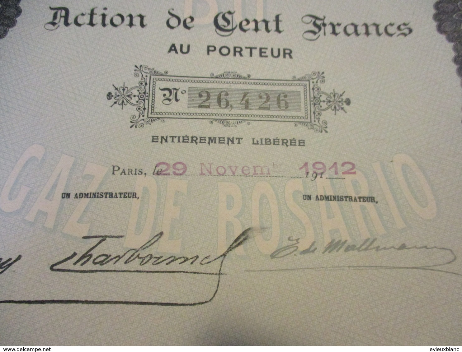 Action De 100 Francs Au Porteur Entièrement Libérée/Compagnie Du Gaz De Rosario/Paris/ARGENTINE/1912        ACT192 - Electricity & Gas