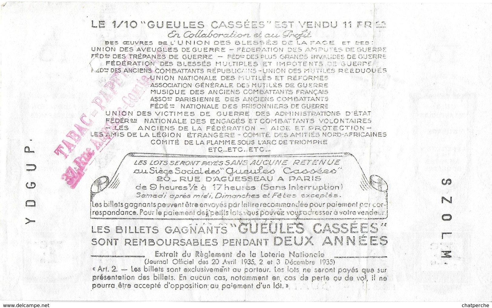 BILLET DE LOTERIE  1/10 " LES GUEULES CASSÉES " 1939 - Billets De Loterie