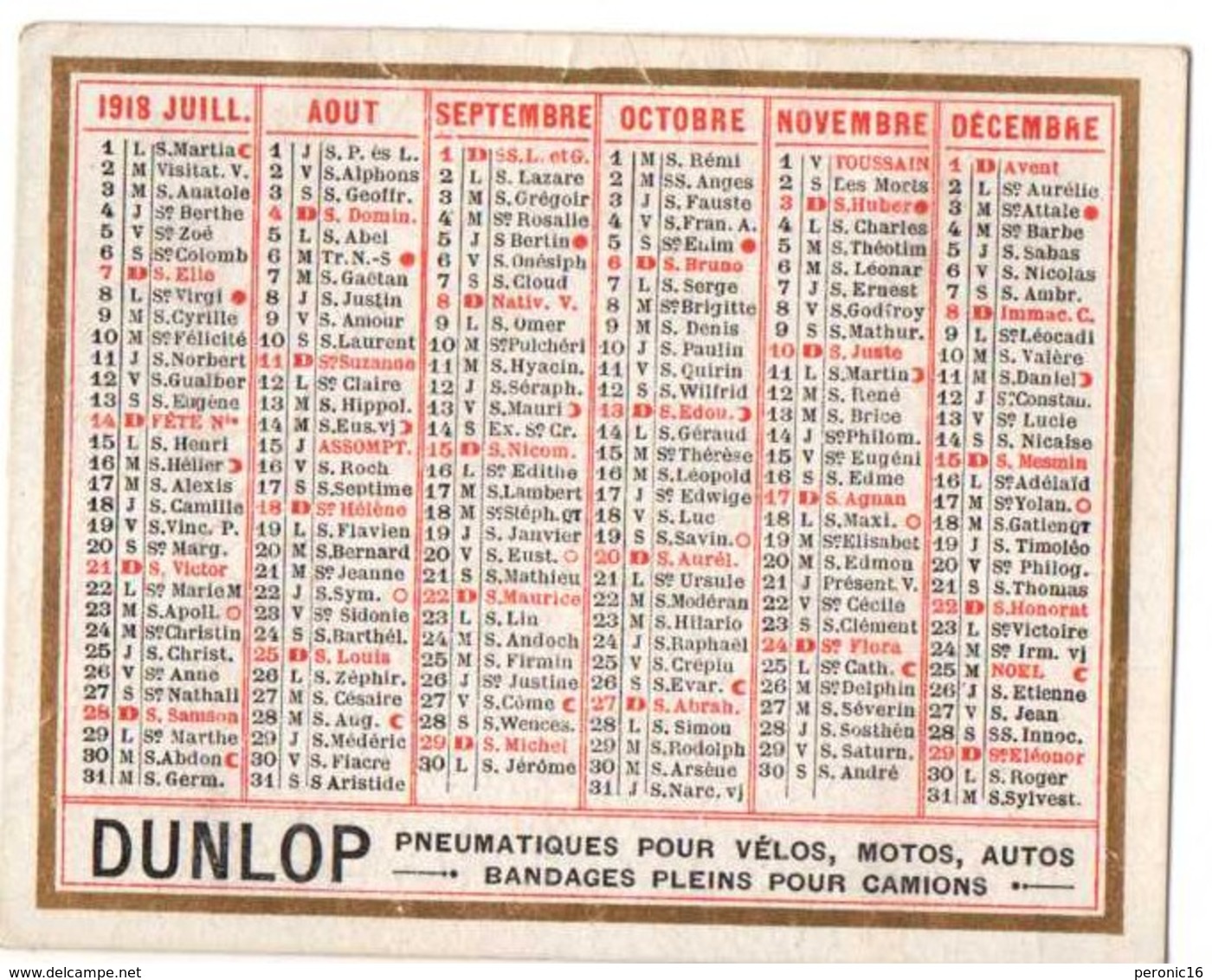 Calendrier DUNLOP 1918 - Small : 1901-20