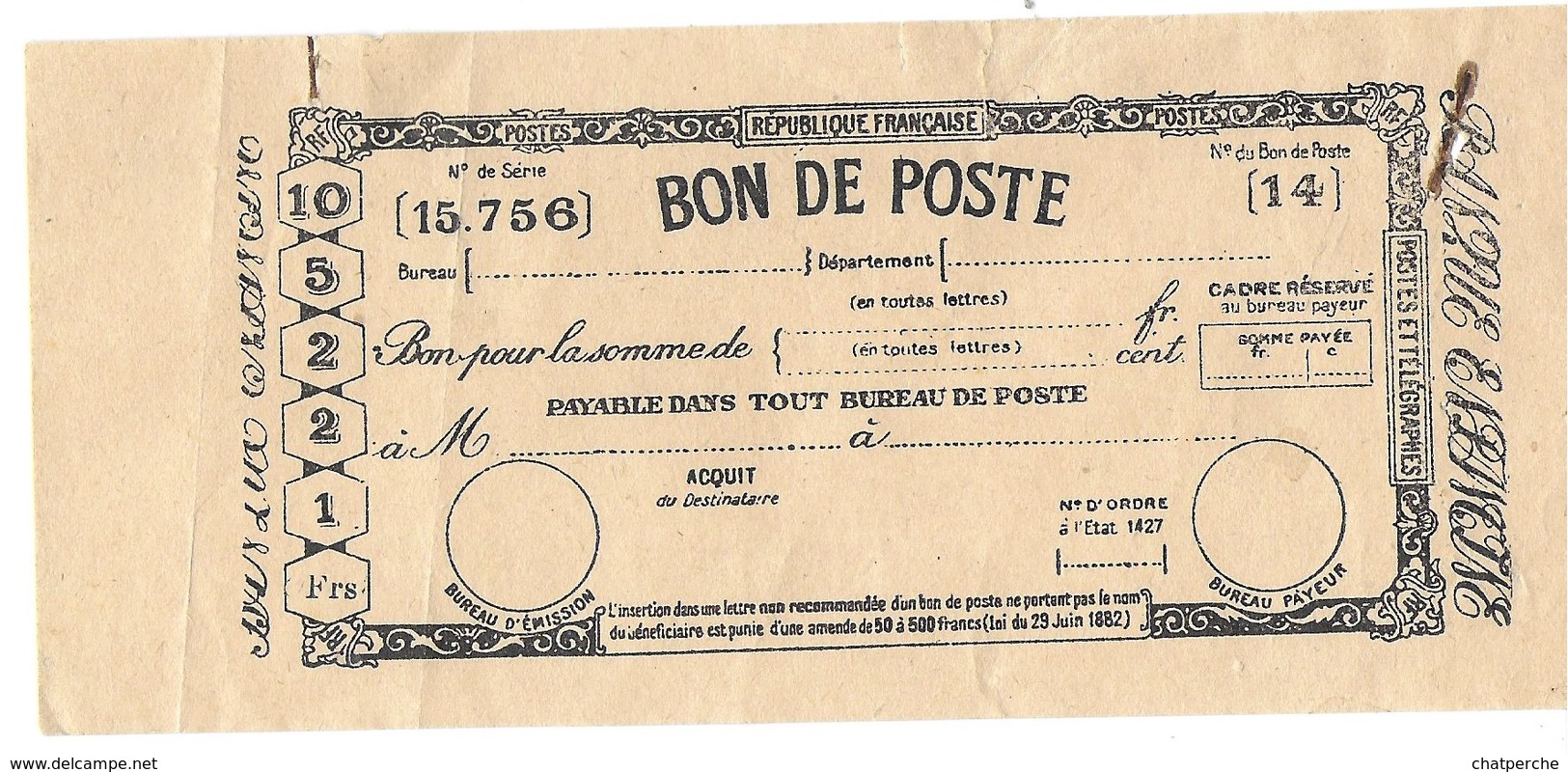 BON DE POSTE ANTÉRIEUR A 1900 - Chèques & Chèques De Voyage