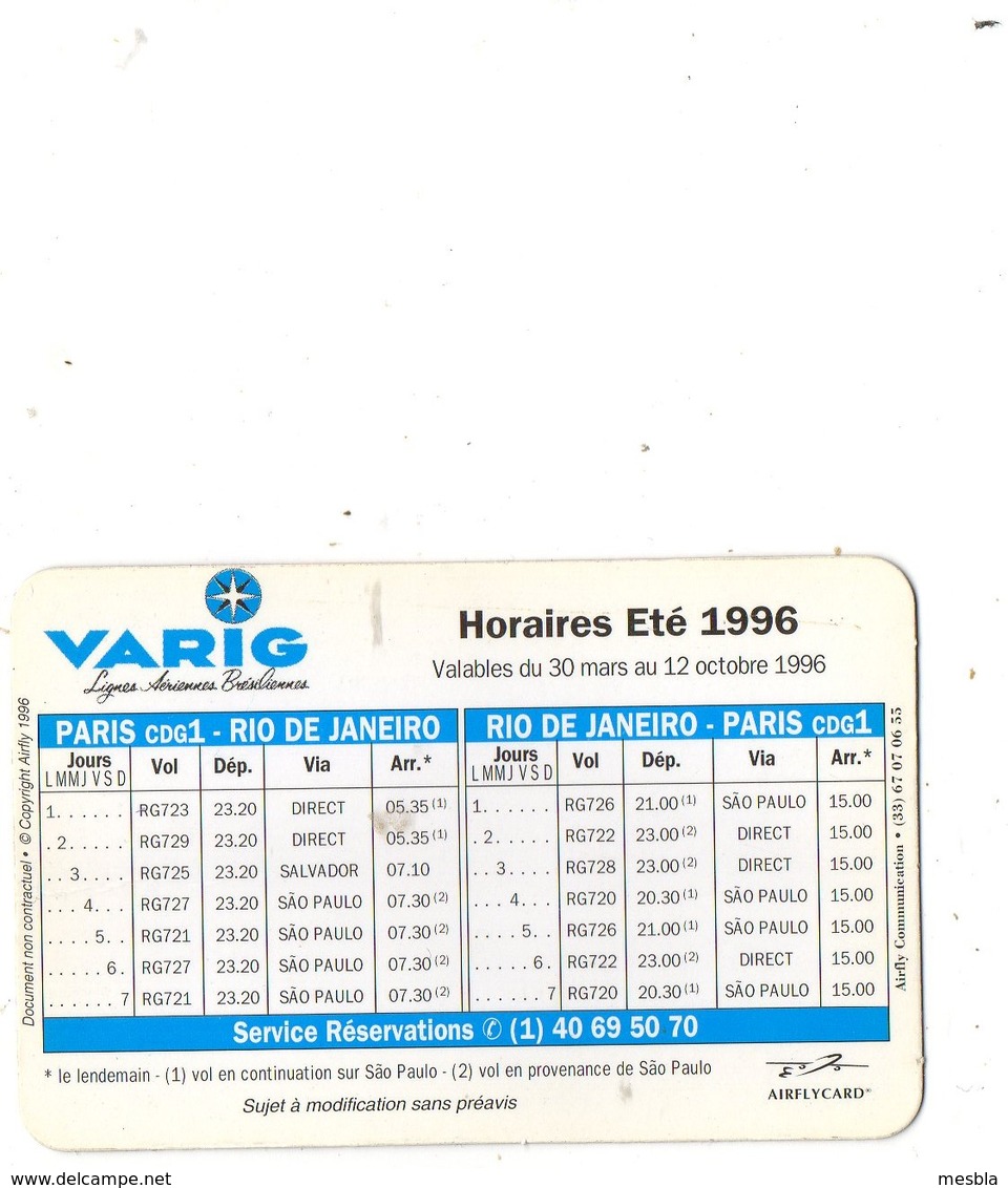 Horaire/Timetable VARIG  AIRLINES - Eté 1996 - Paris/ Rio / Paris - Publicité Parfums LORESTE Paris Au Dos - Horaires