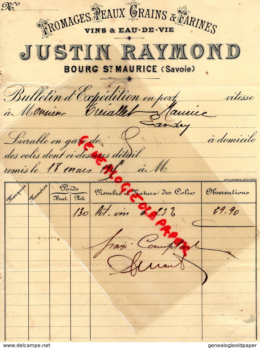 73- BOURG ST SAINT MAURICE- RARE FACTURE JUSTIN RAYMOND- FROMAGES PEAUX GRAINS FARINES-VINS EAUX DE VIE-1905 - Lebensmittel