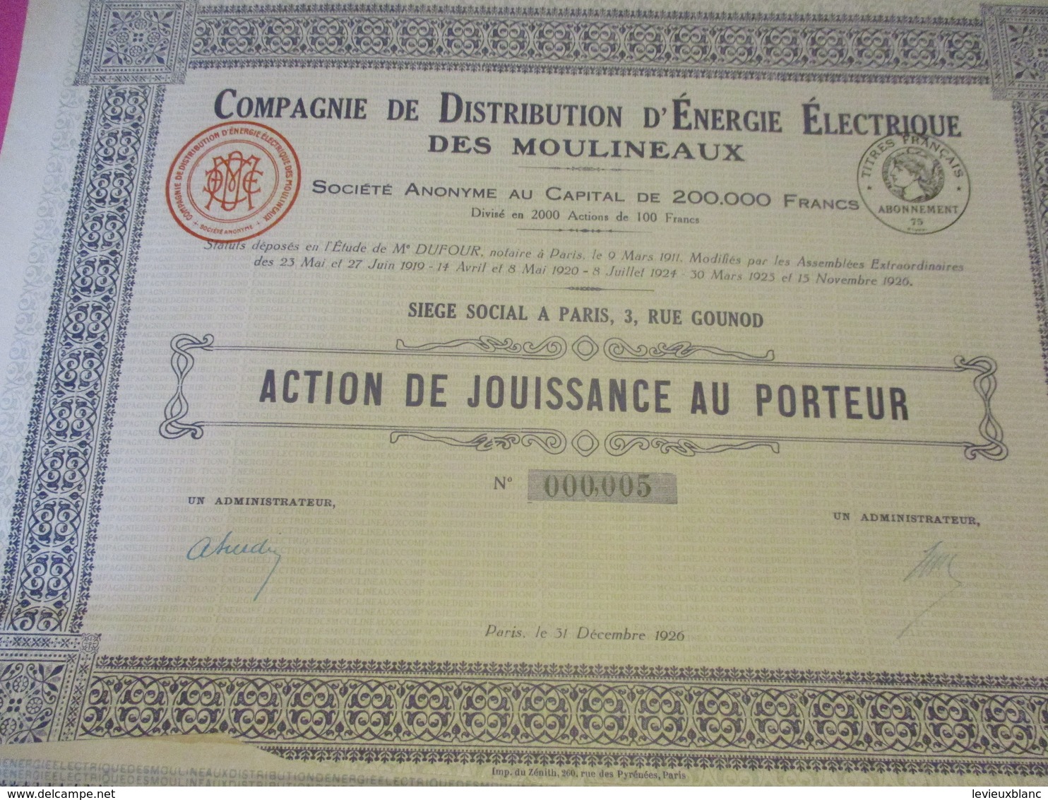 Action De Jouissance Au Porteur /Compagnie De Distribution D'Energie Electrique Des MOULINEAUX/Paris/1926       ACT202 - Electricidad & Gas