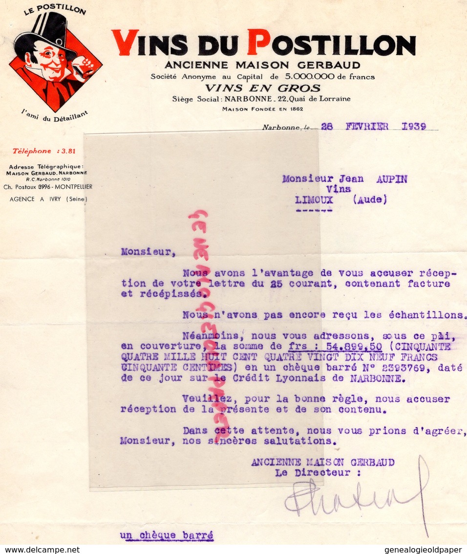 11- NARBONNE- LETTRE VINS DU POSTILLON ANCIENNE MAISON GERBAUD-VINS-22 QUAI LORRAINE- AGENCE A YVRY SUR SEINE - Alimentaire