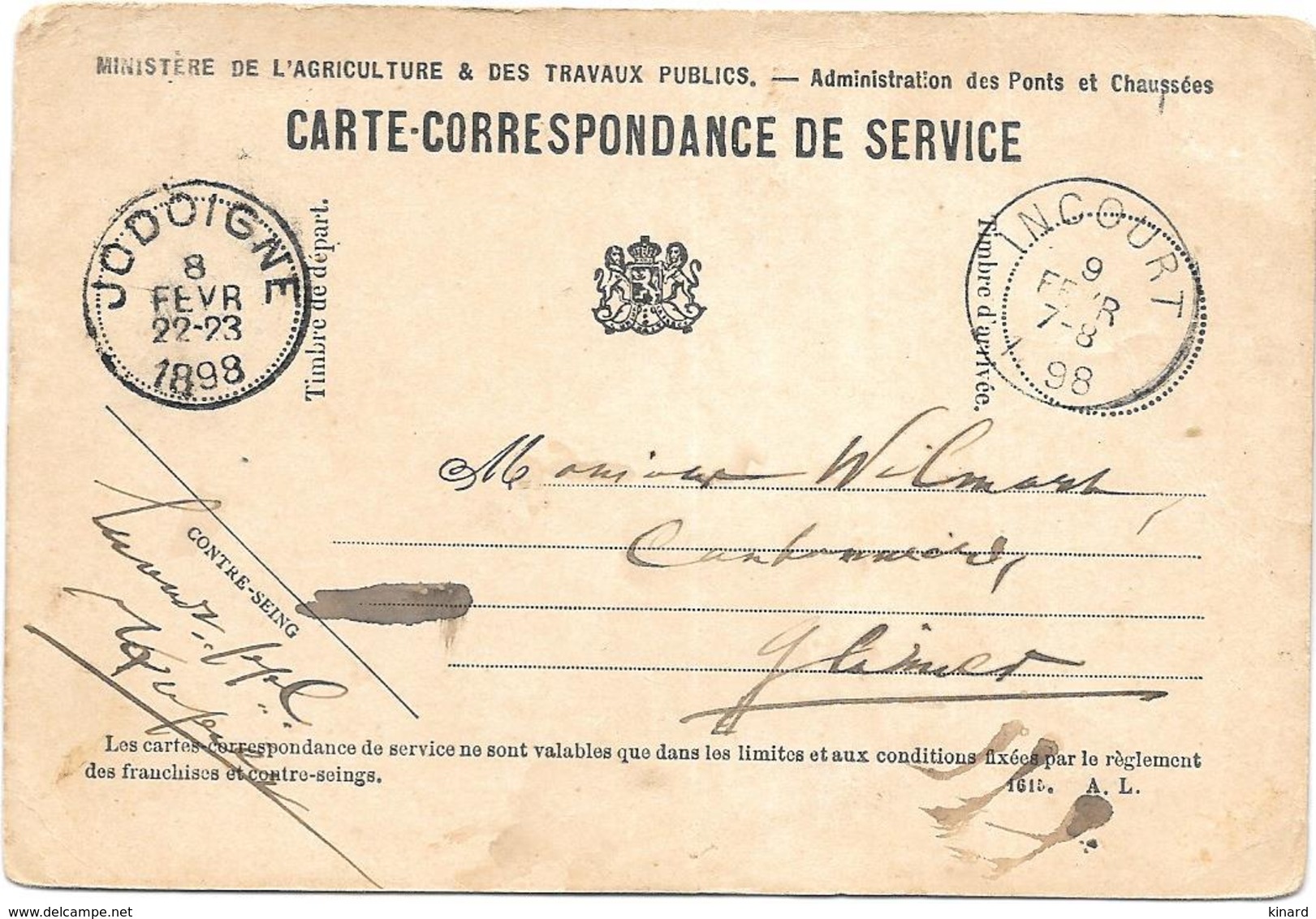CARTE CORRESPONDANCE  DE SERVICE.. FRANCHISE ..1898...DE JODOIGNE A INCOURT....BE - Zonder Portkosten