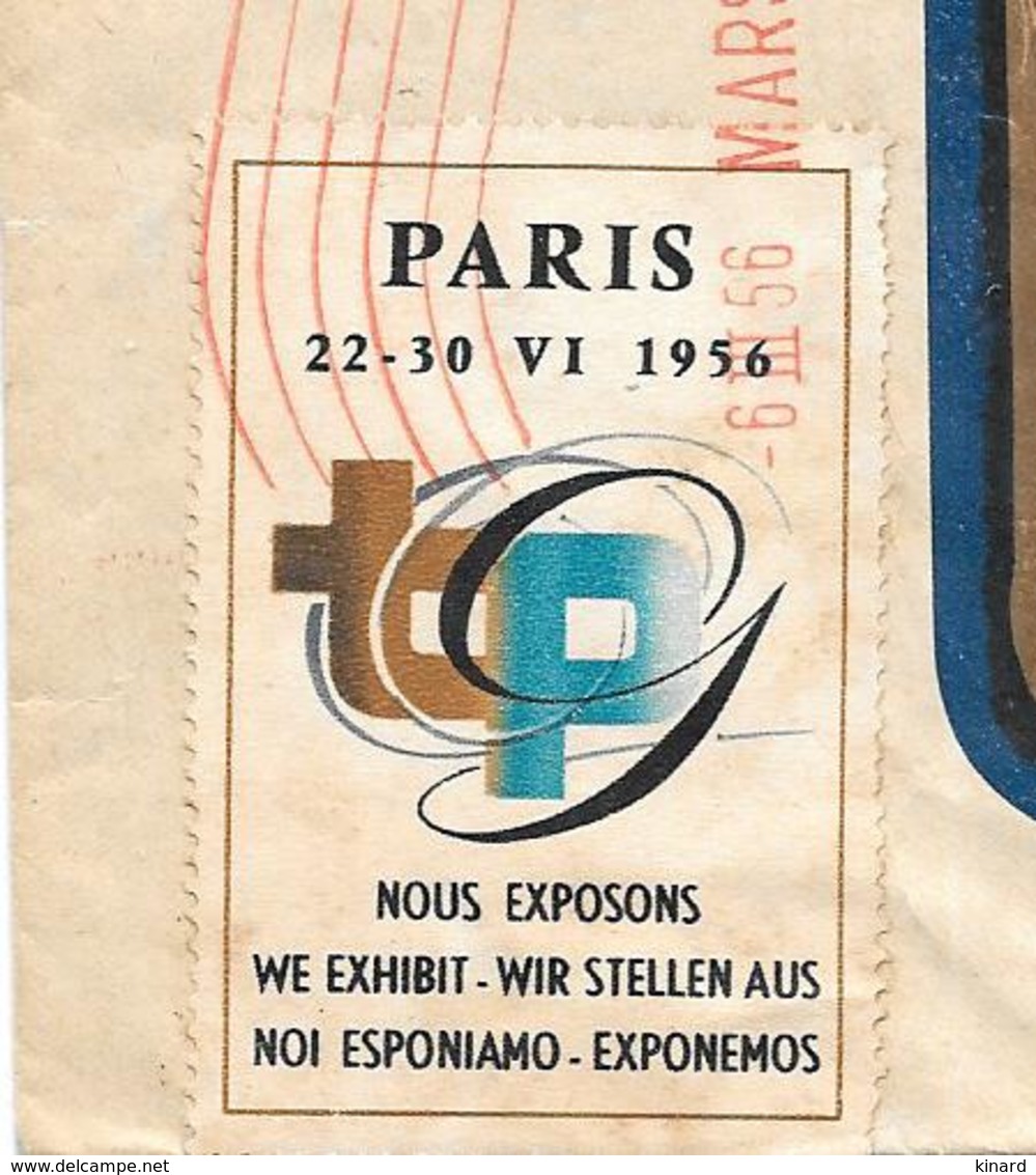 VIGNETTE SUR LETTRE .  EXPO PARIS 1956.. LETTRE DE MARSEILLE ..E.MA.  MW0133.  0F 12 - Esposizioni Filateliche