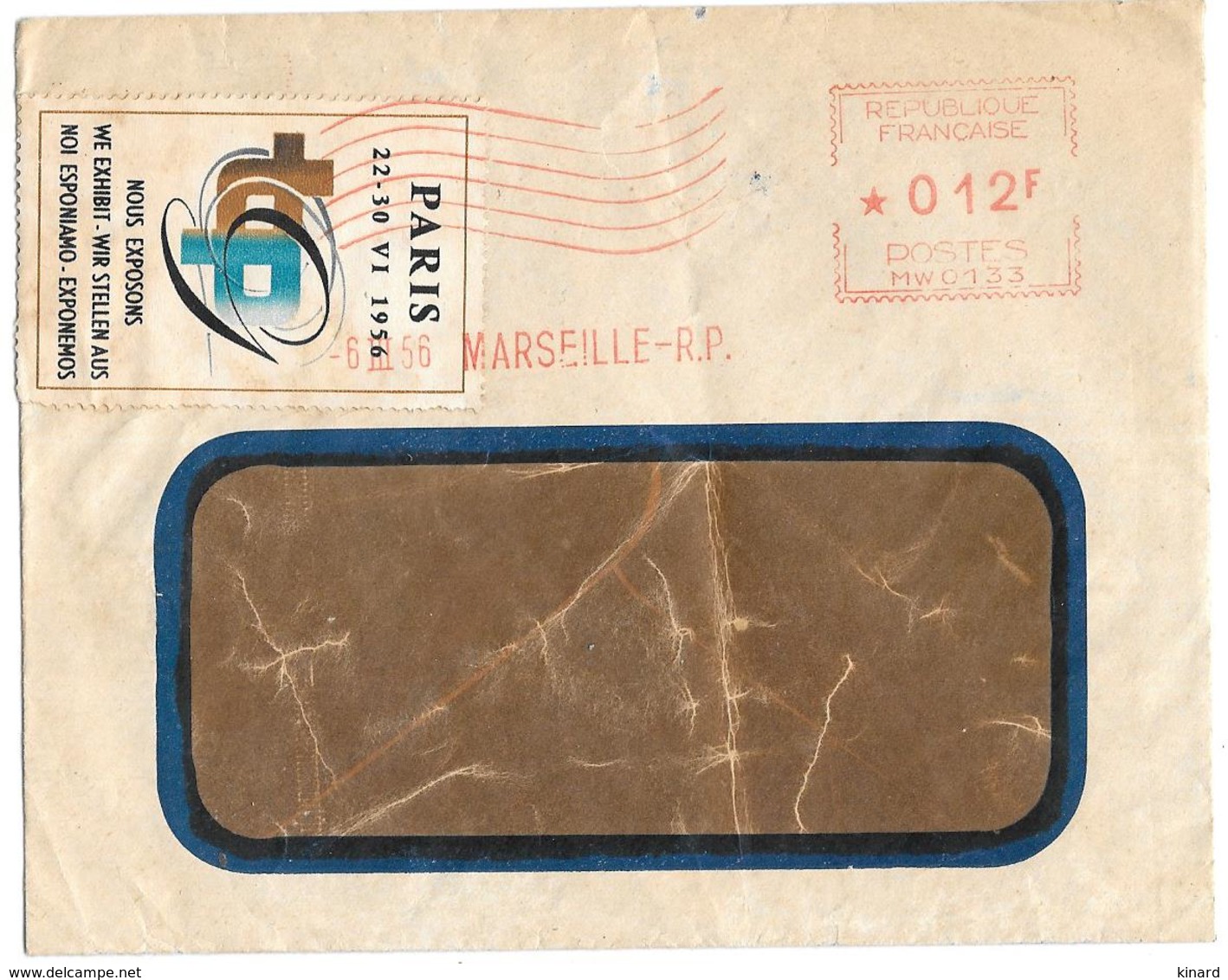 VIGNETTE SUR LETTRE .  EXPO PARIS 1956.. LETTRE DE MARSEILLE ..E.MA.  MW0133.  0F 12 - Esposizioni Filateliche