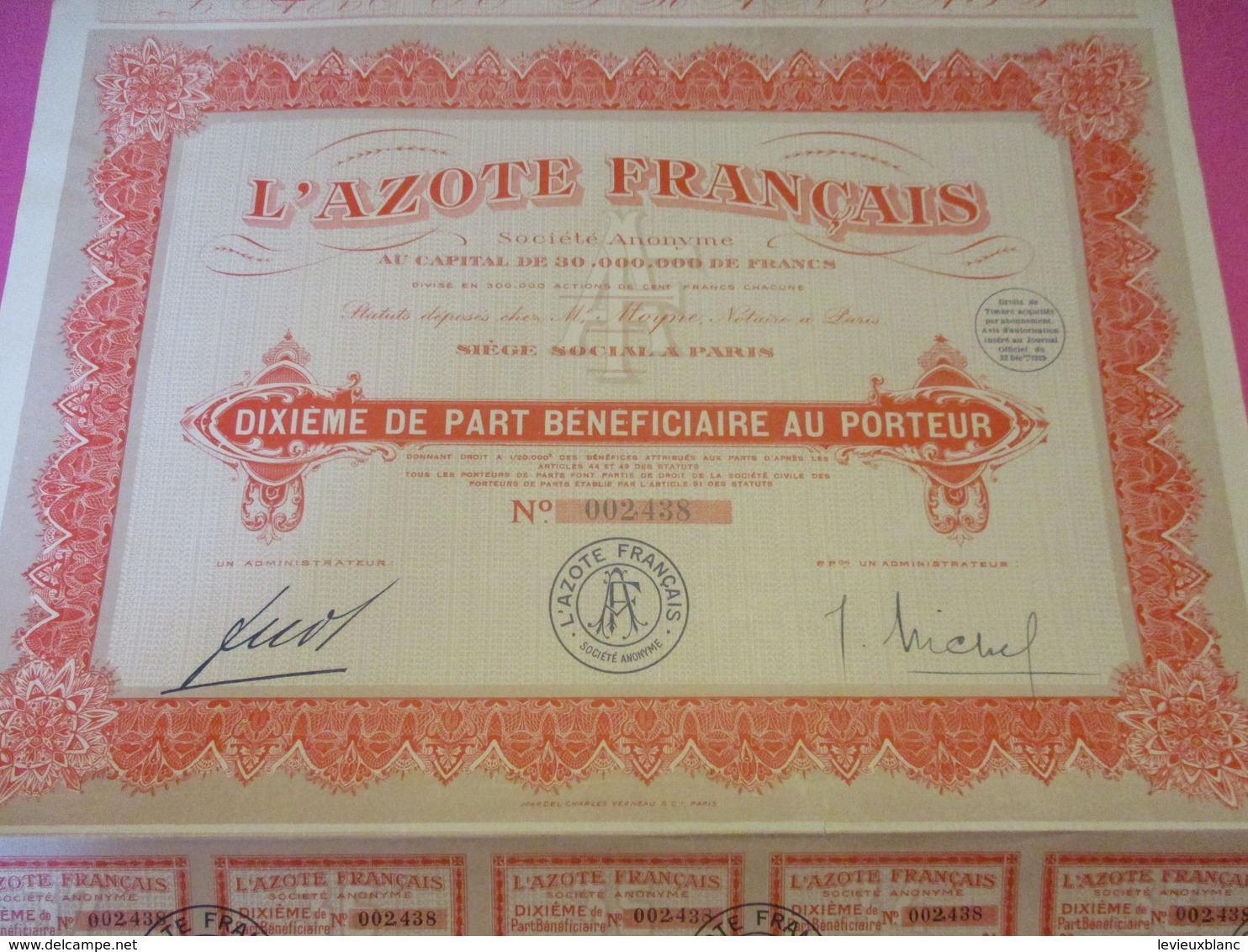 Dixiéme De Part Bénéficiaire Au Porteur /L'Azote Français/ /Paris/1929      ACT212 - Elektrizität & Gas