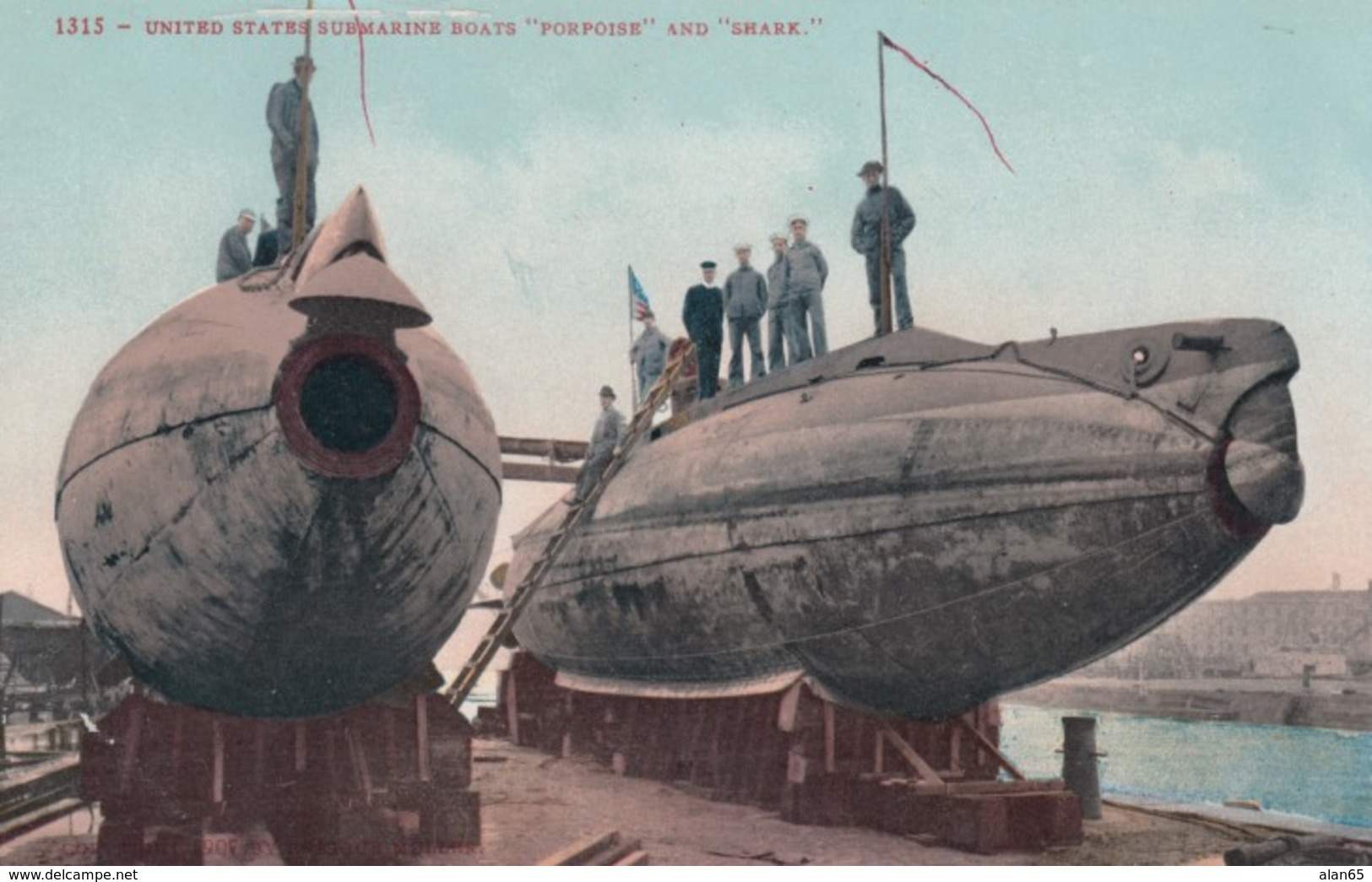 US Navy Submarines 'Porpoise' And 'Shark' In Dry Dock, C1910s Vintage Postcard - Submarines