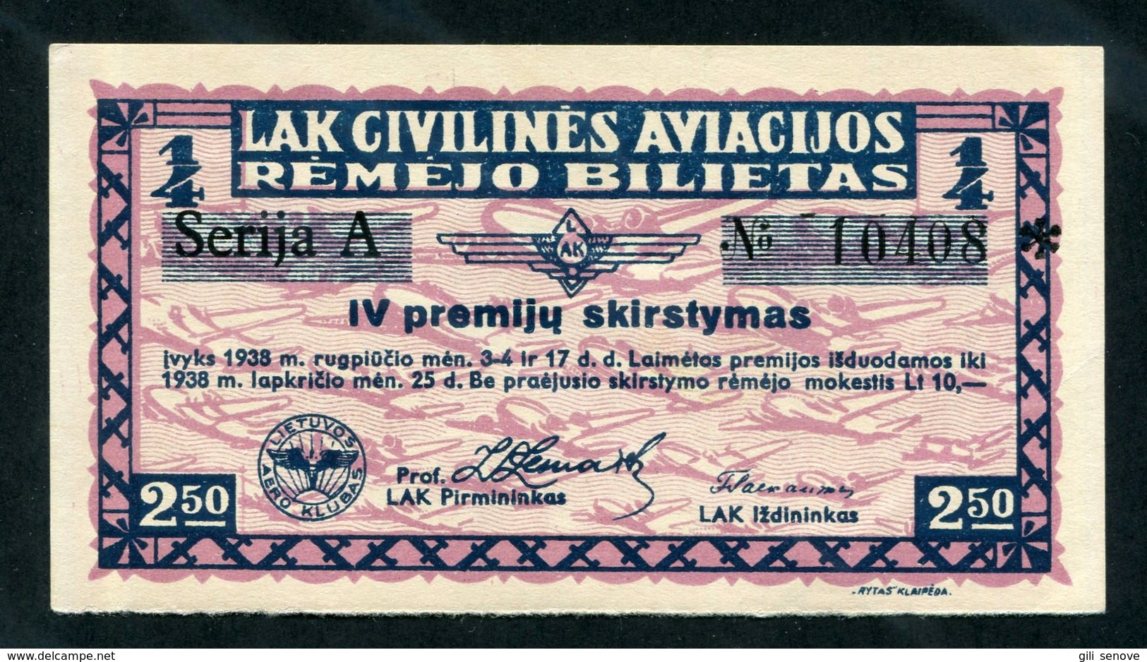 Lithuania Lottery Ticket 1938 Series: A 10408, IV Civil Aviation - Billets De Loterie