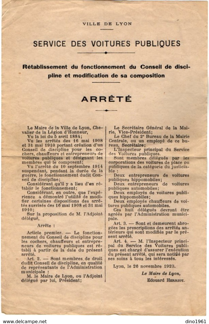 VP14.516 - Ville De Lyon 1923 - Affichette - Le Maire - Arrêté Concernant Le Service Des Voitures Publique à LYON - Manifesti