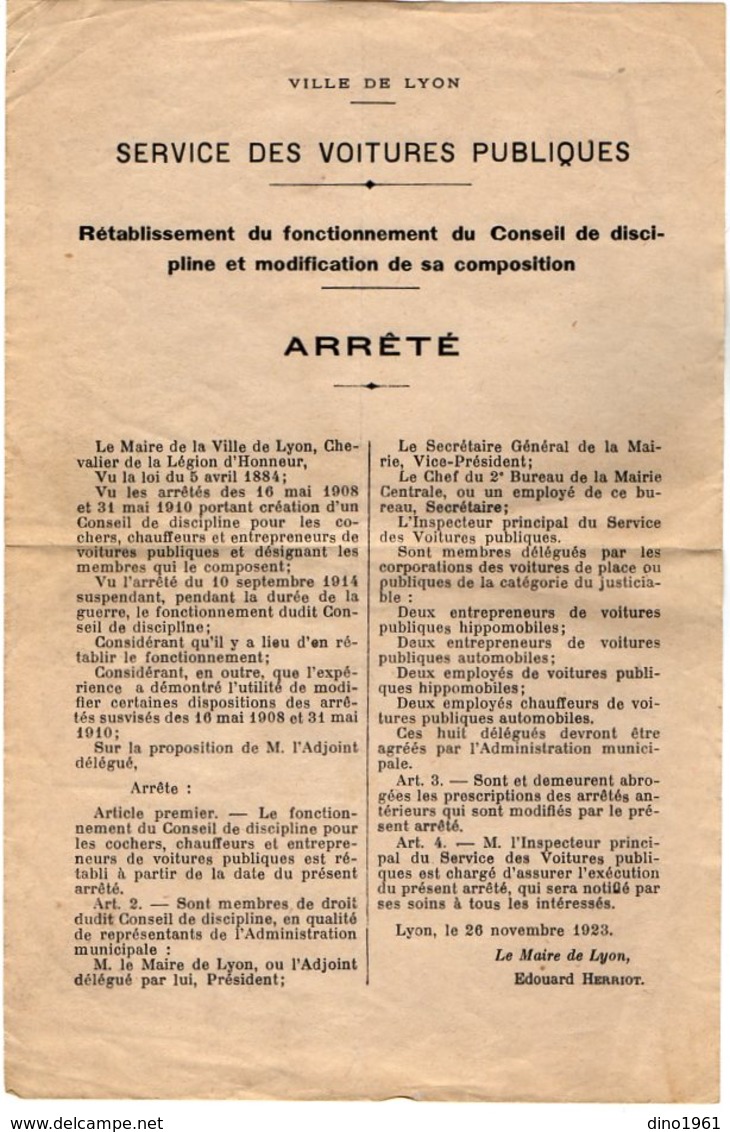 VP14.516 - Ville De Lyon 1923 - Affichette - Le Maire - Arrêté Concernant Le Service Des Voitures Publique à LYON - Affiches