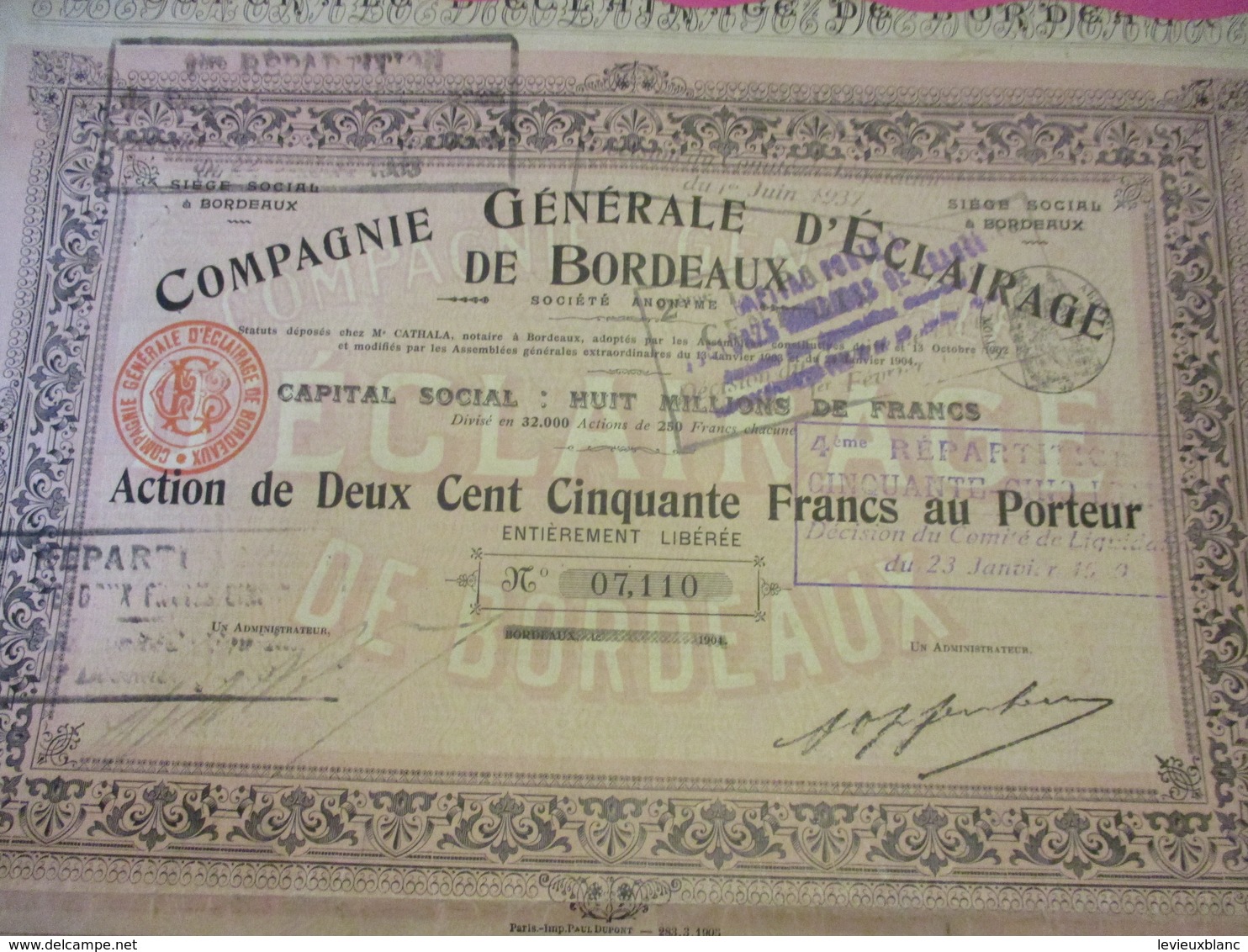 Action De 250 Francs  Au Porteur Entièrement Libérée /Compagnie Générale D'Eclairage De Bordeaux /BORDEAUX/1904   ACT232 - Electricité & Gaz