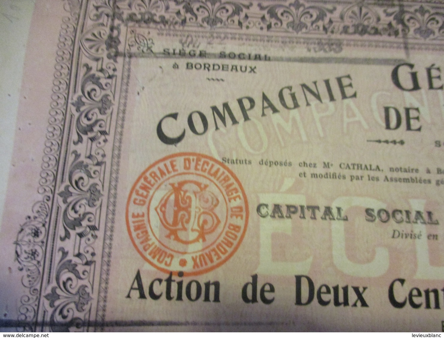 Action De 250 Francs  Au Porteur Entièrement Libérée /Compagnie Générale D'Eclairage De Bordeaux /BORDEAUX/1904   ACT232 - Electricity & Gas